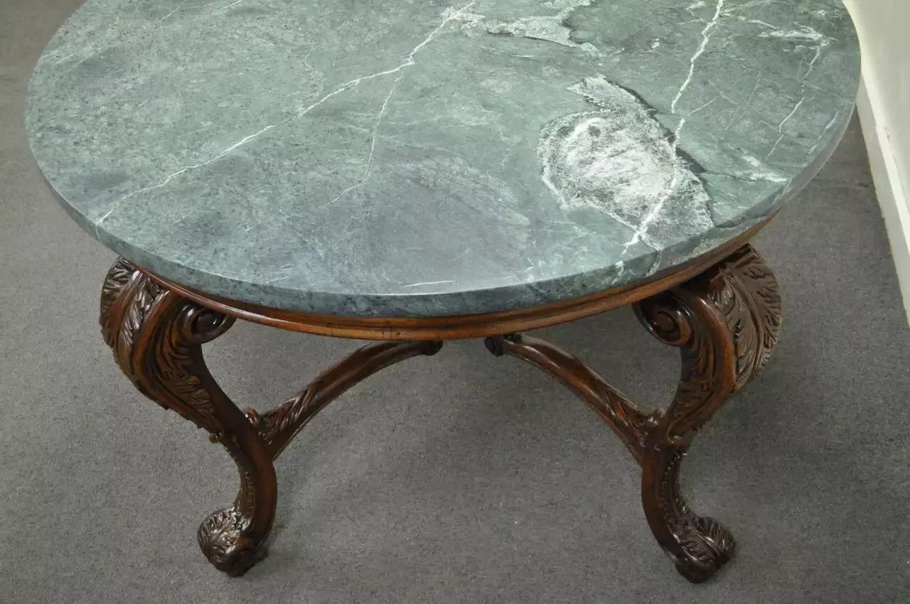 French Baroque Style Carved Mahogany and Green Marble Top Round Center Table For Sale 5
