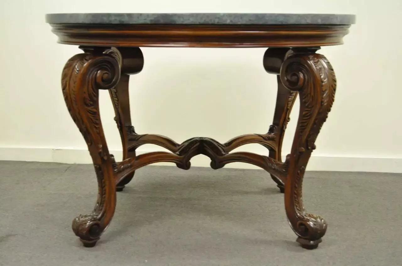 French Baroque Style Carved Mahogany and Green Marble Top Round Center Table In Good Condition For Sale In Philadelphia, PA