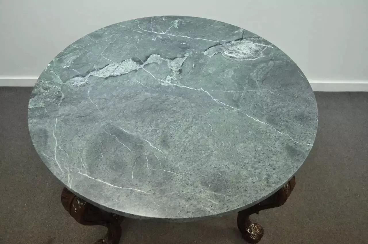 20th Century French Baroque Style Carved Mahogany and Green Marble Top Round Center Table For Sale