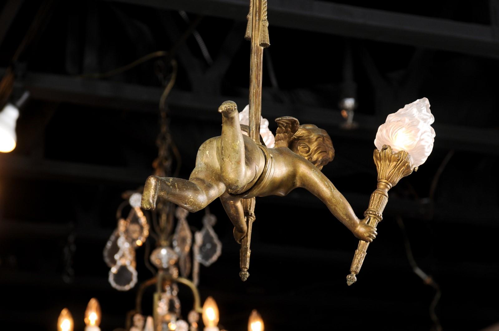 19th Century French Baroque Style Gilt Bronze Chandelier with Cherub Holding Two Torches