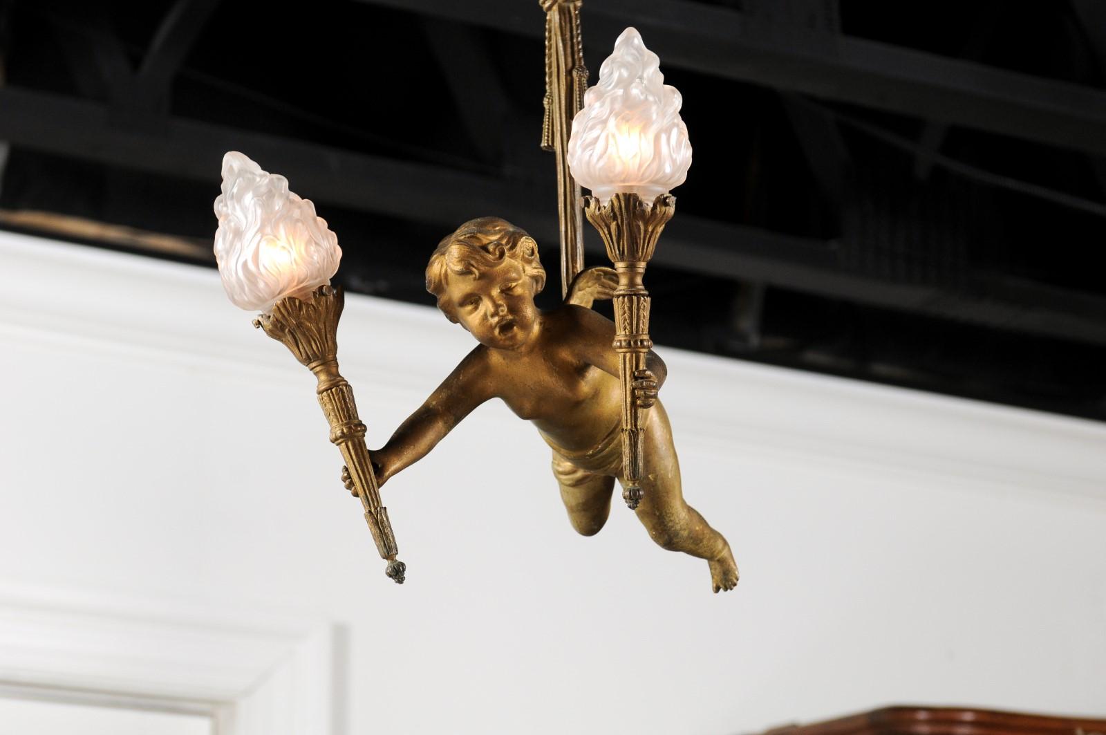 French Baroque Style Gilt Bronze Chandelier with Cherub Holding Two Torches 2