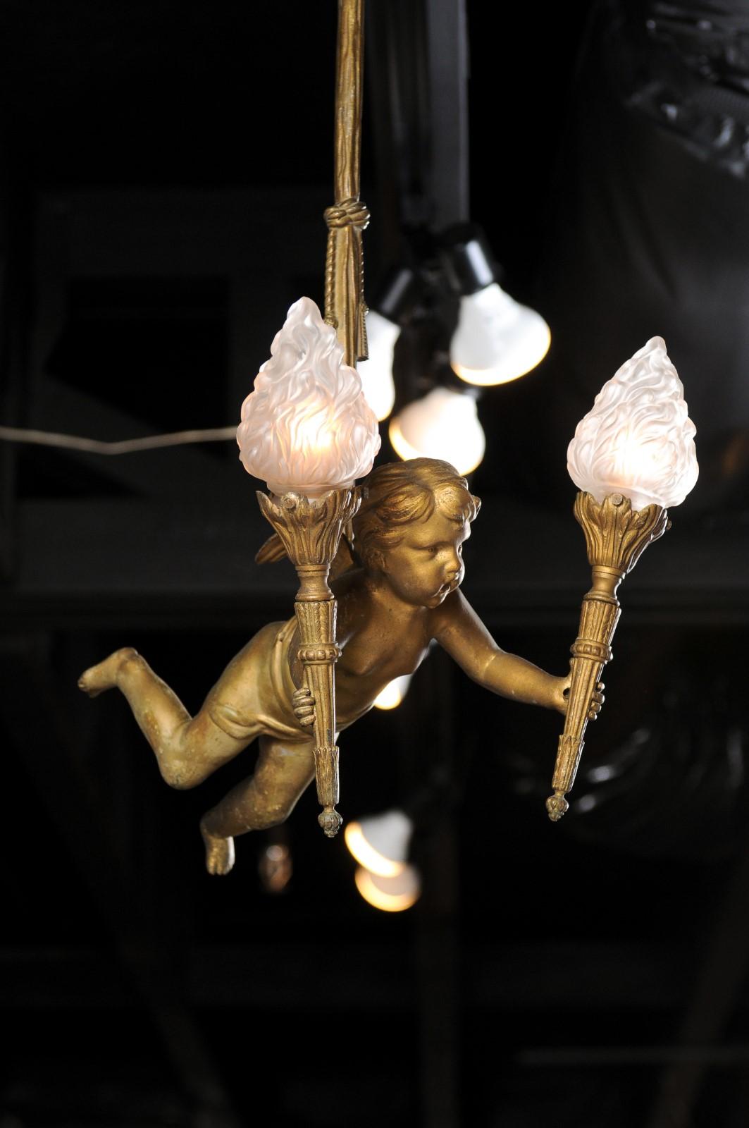 French Baroque Style Gilt Bronze Chandelier with Cherub Holding Two Torches 3