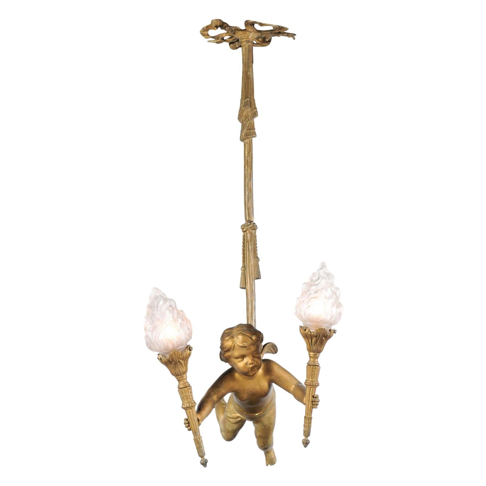 French Baroque Style Gilt Bronze Chandelier with Cherub Holding Two Torches