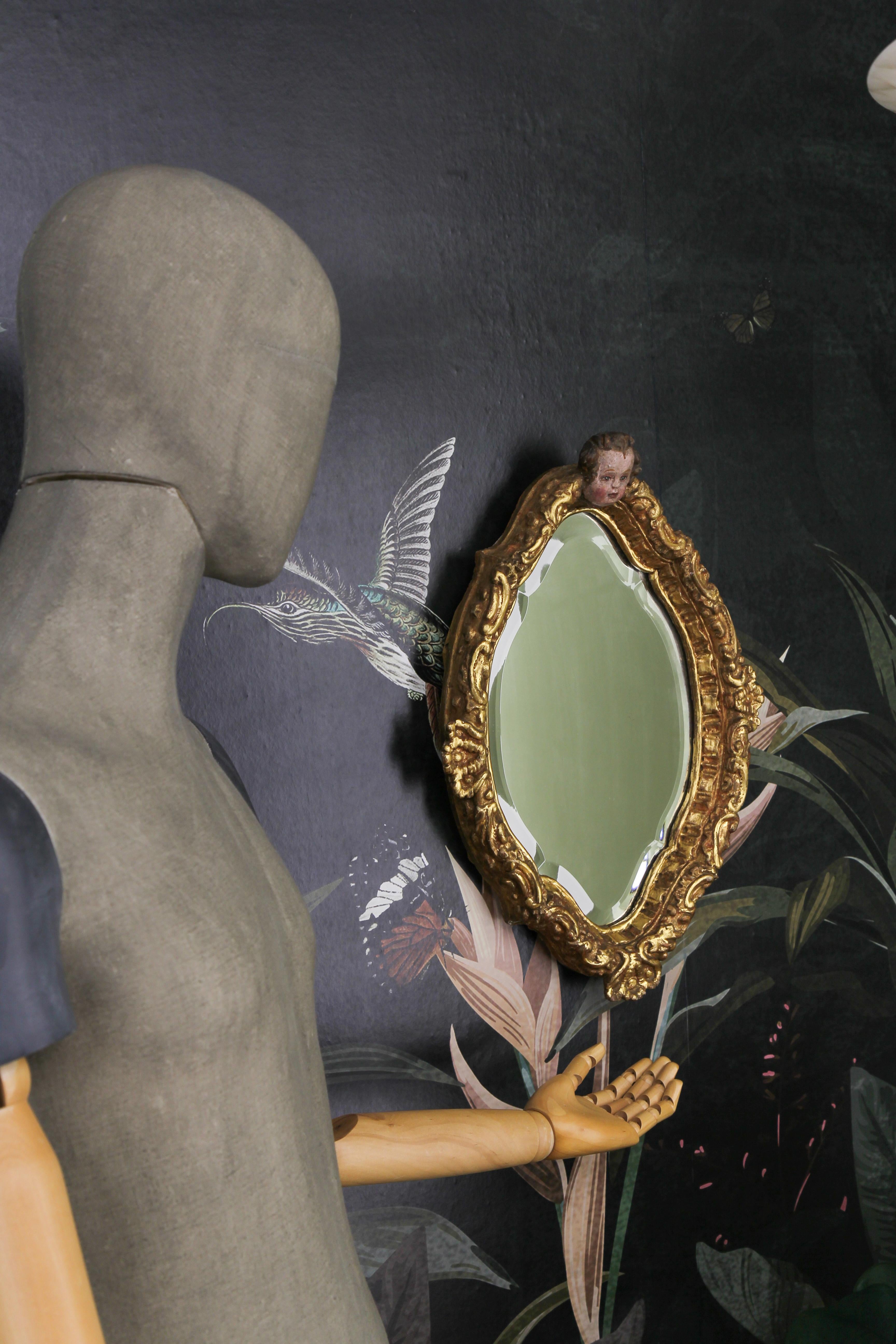 French Baroque Style Gilt Wood Wall Mirror with a Cherub Head For Sale 4