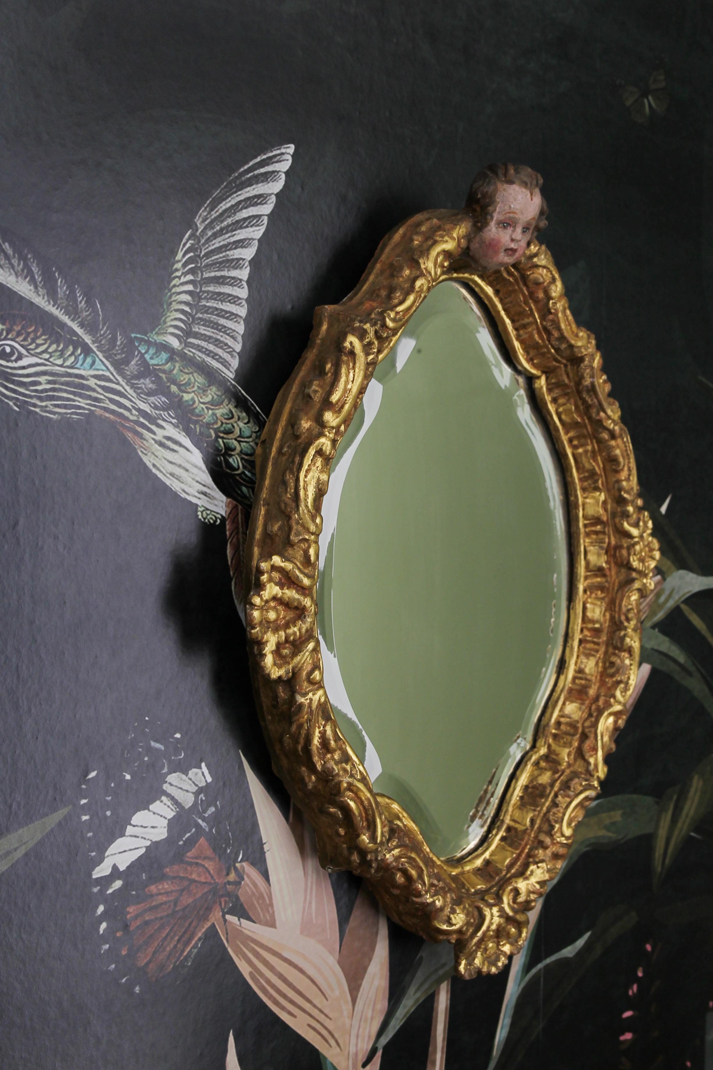 French Baroque Style Gilt Wood Wall Mirror with a Cherub Head For Sale 5