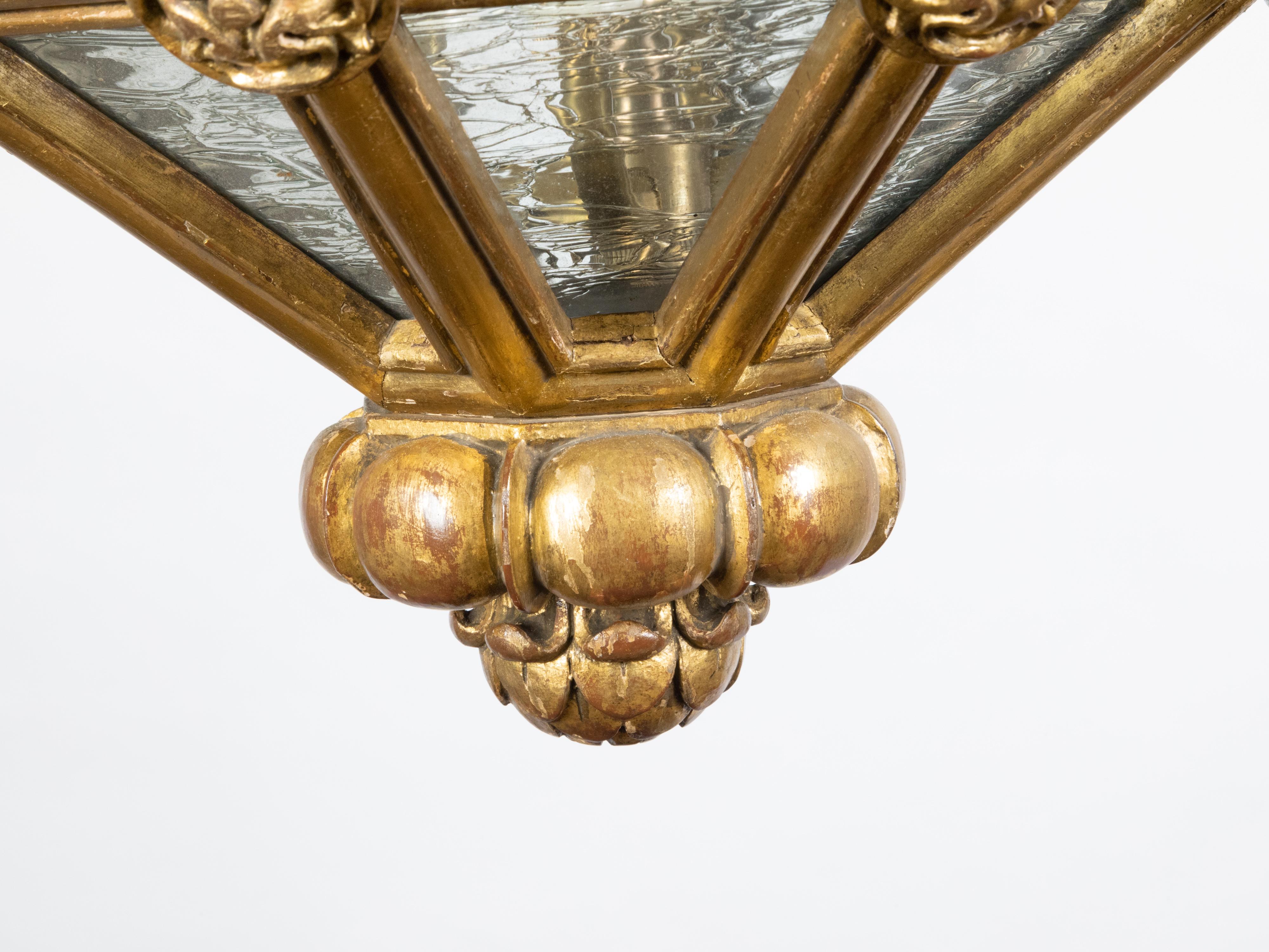 French Baroque Style Giltwood Lantern with Carved Volutes and Textured Glass For Sale 6