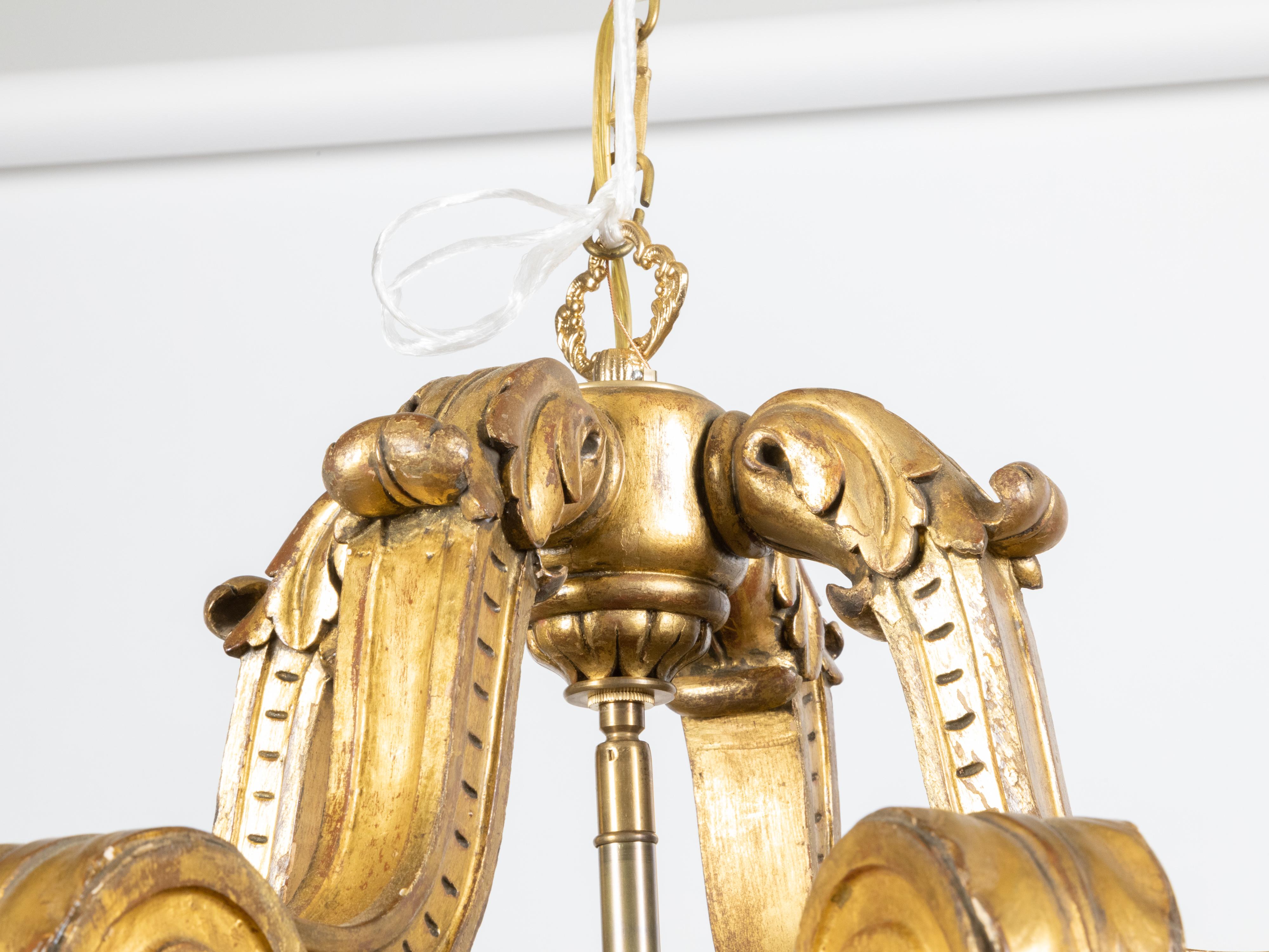 French Baroque Style Giltwood Lantern with Carved Volutes and Textured Glass For Sale 7