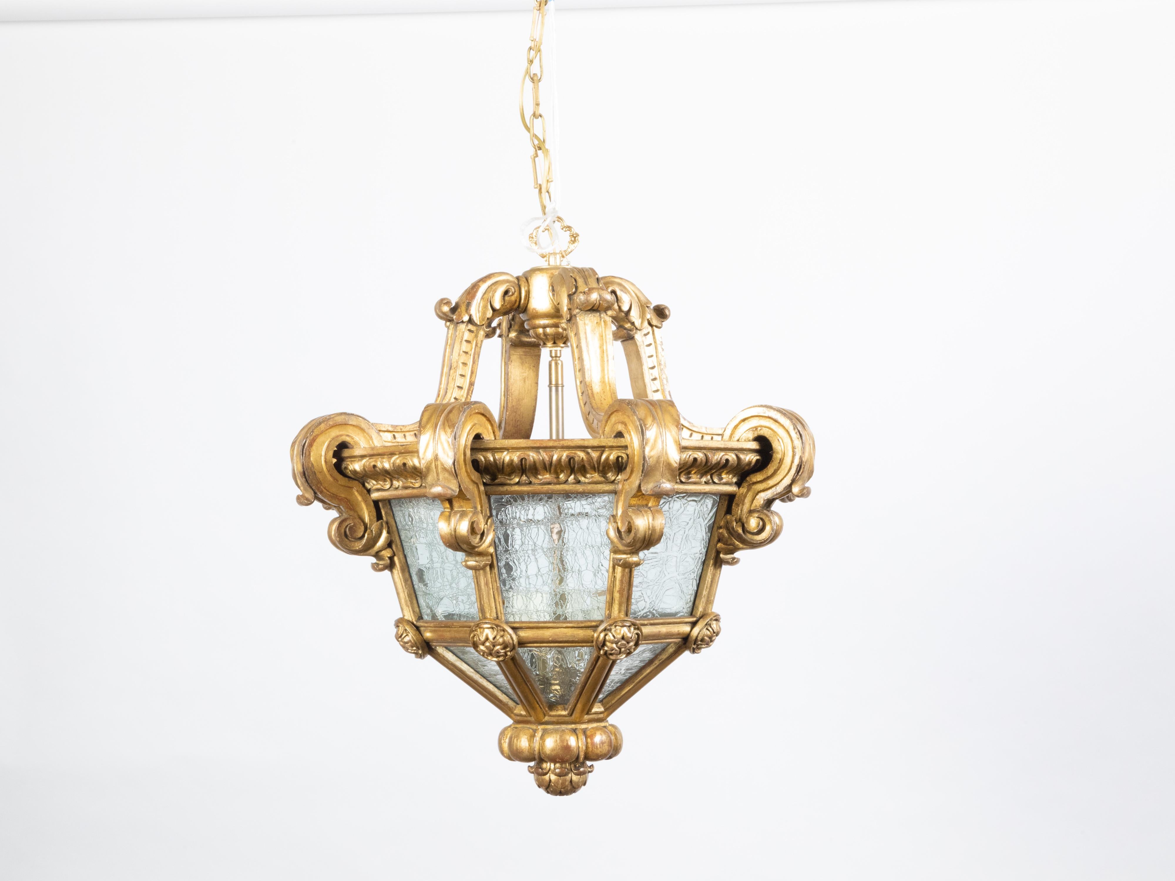 20th Century French Baroque Style Giltwood Lantern with Carved Volutes and Textured Glass For Sale
