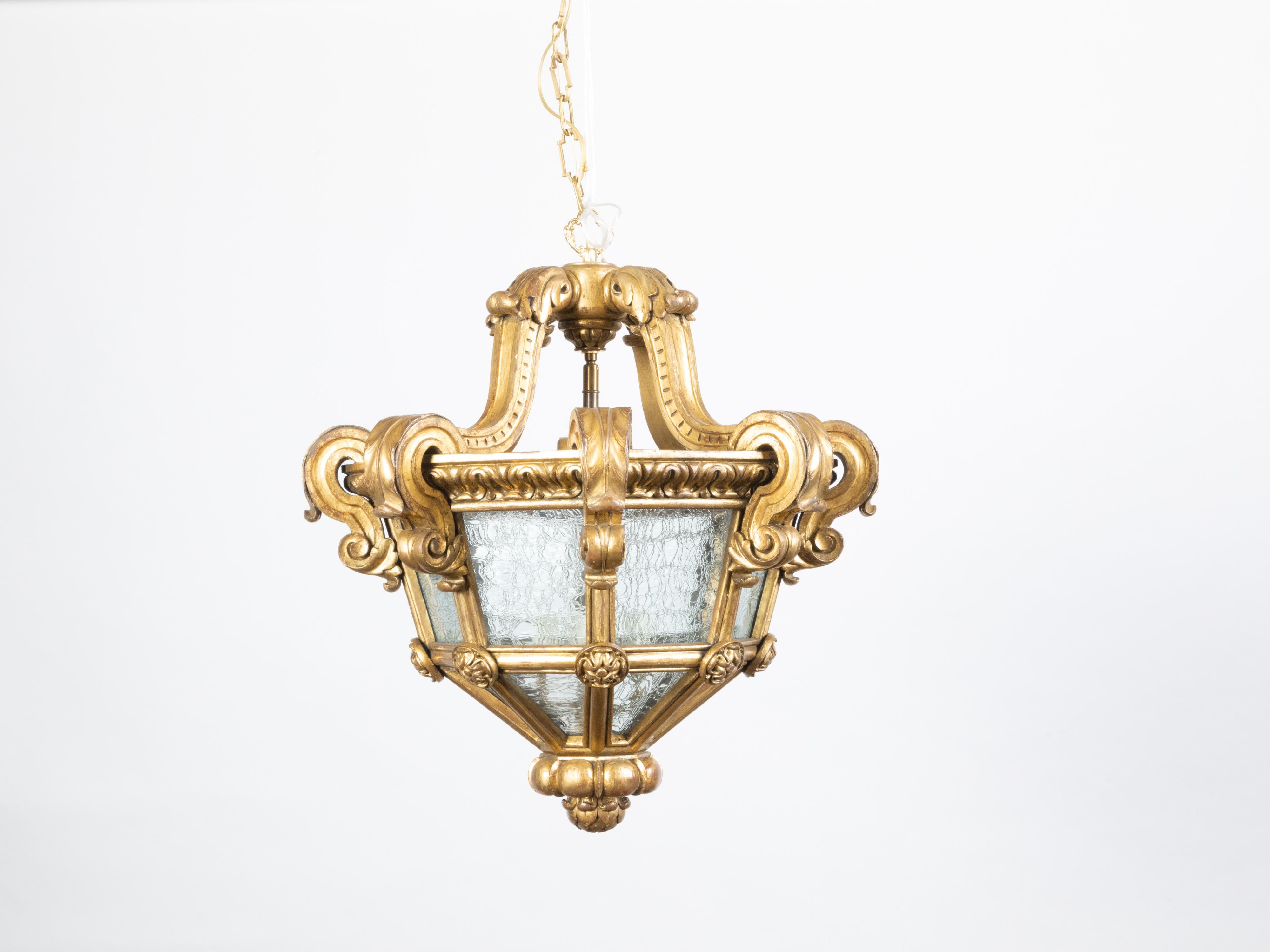 French Baroque Style Giltwood Lantern with Carved Volutes and Textured Glass For Sale 1