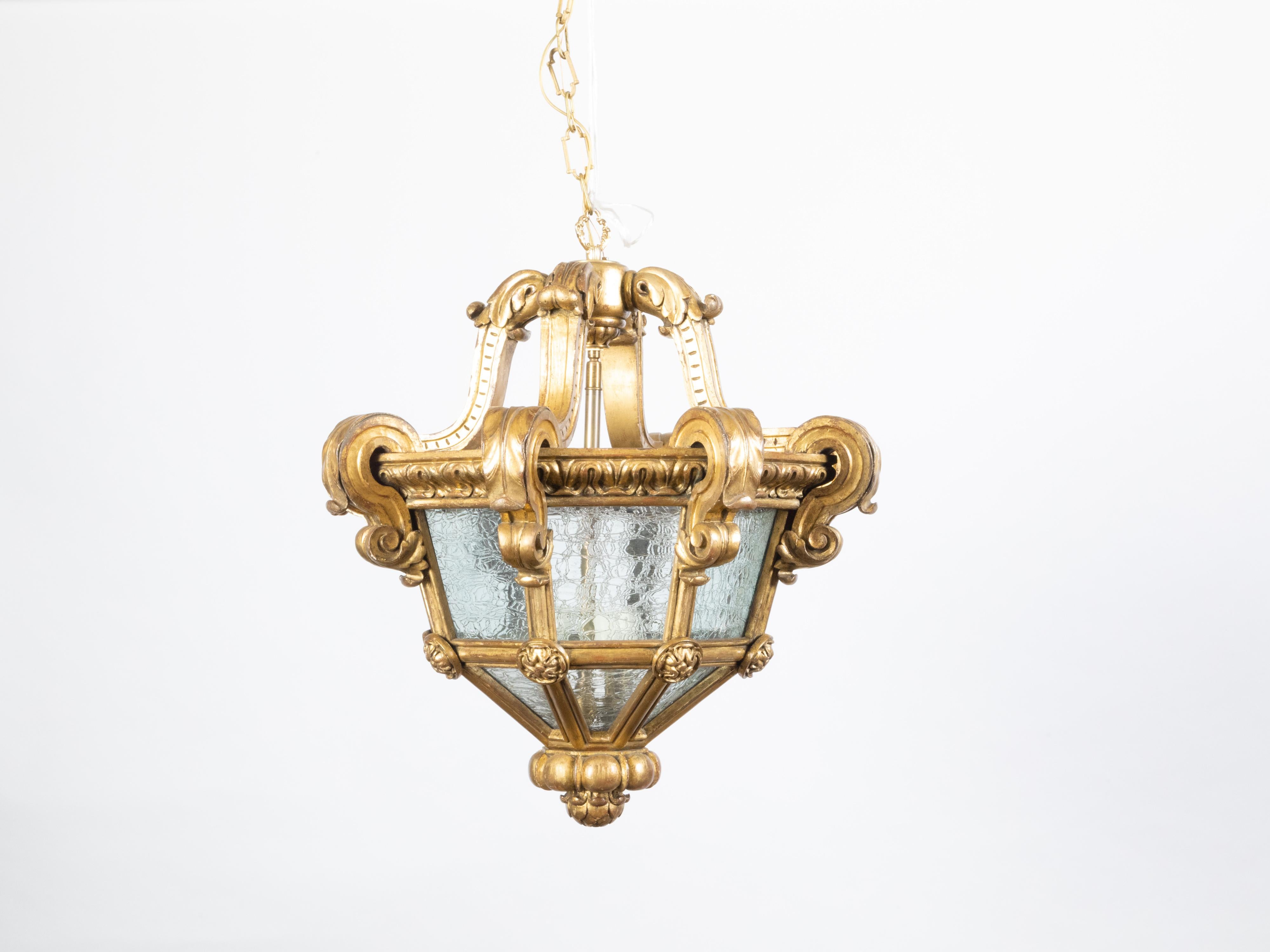 French Baroque Style Giltwood Lantern with Carved Volutes and Textured Glass For Sale 2