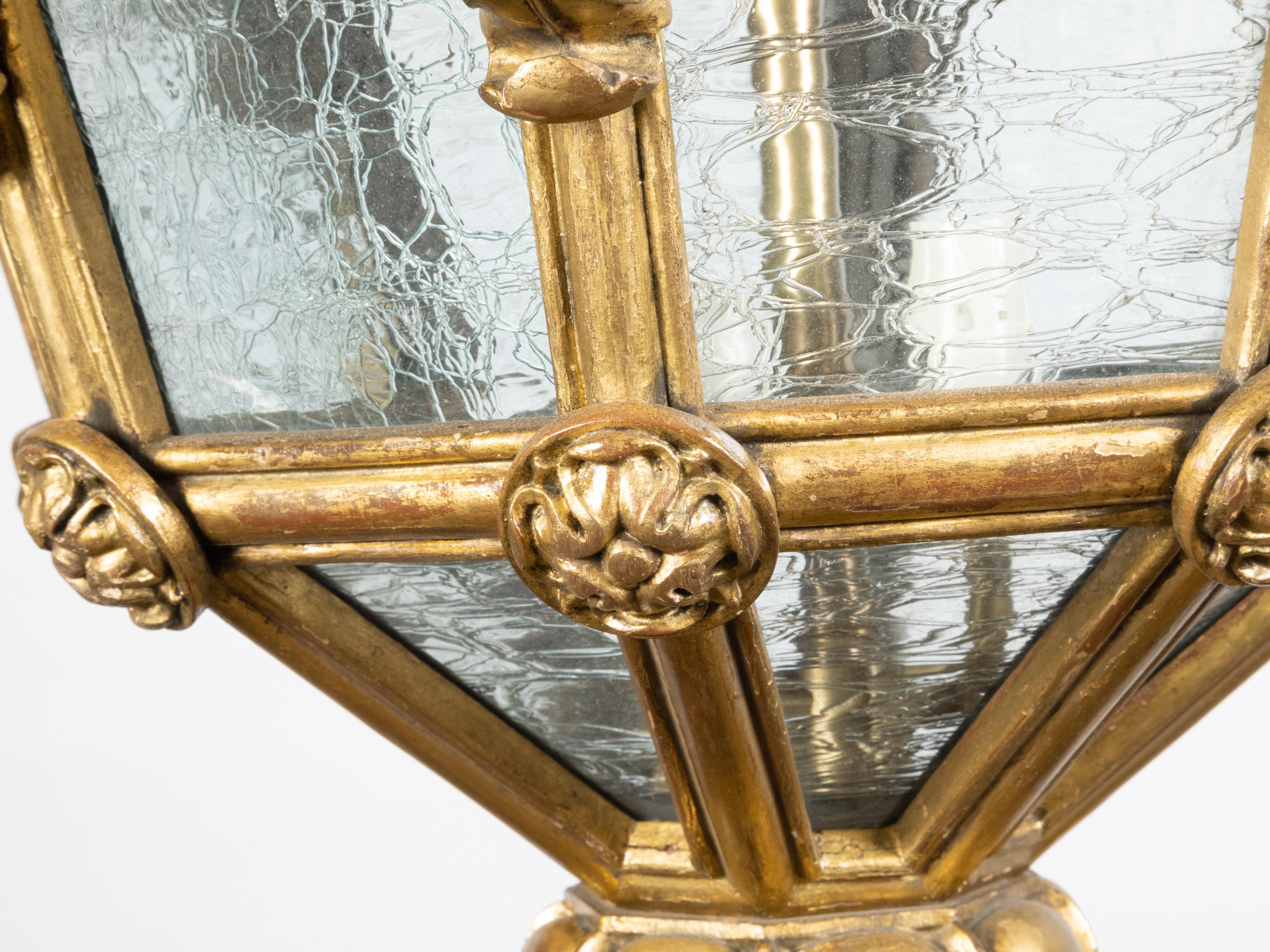 French Baroque Style Giltwood Lantern with Carved Volutes and Textured Glass For Sale 5
