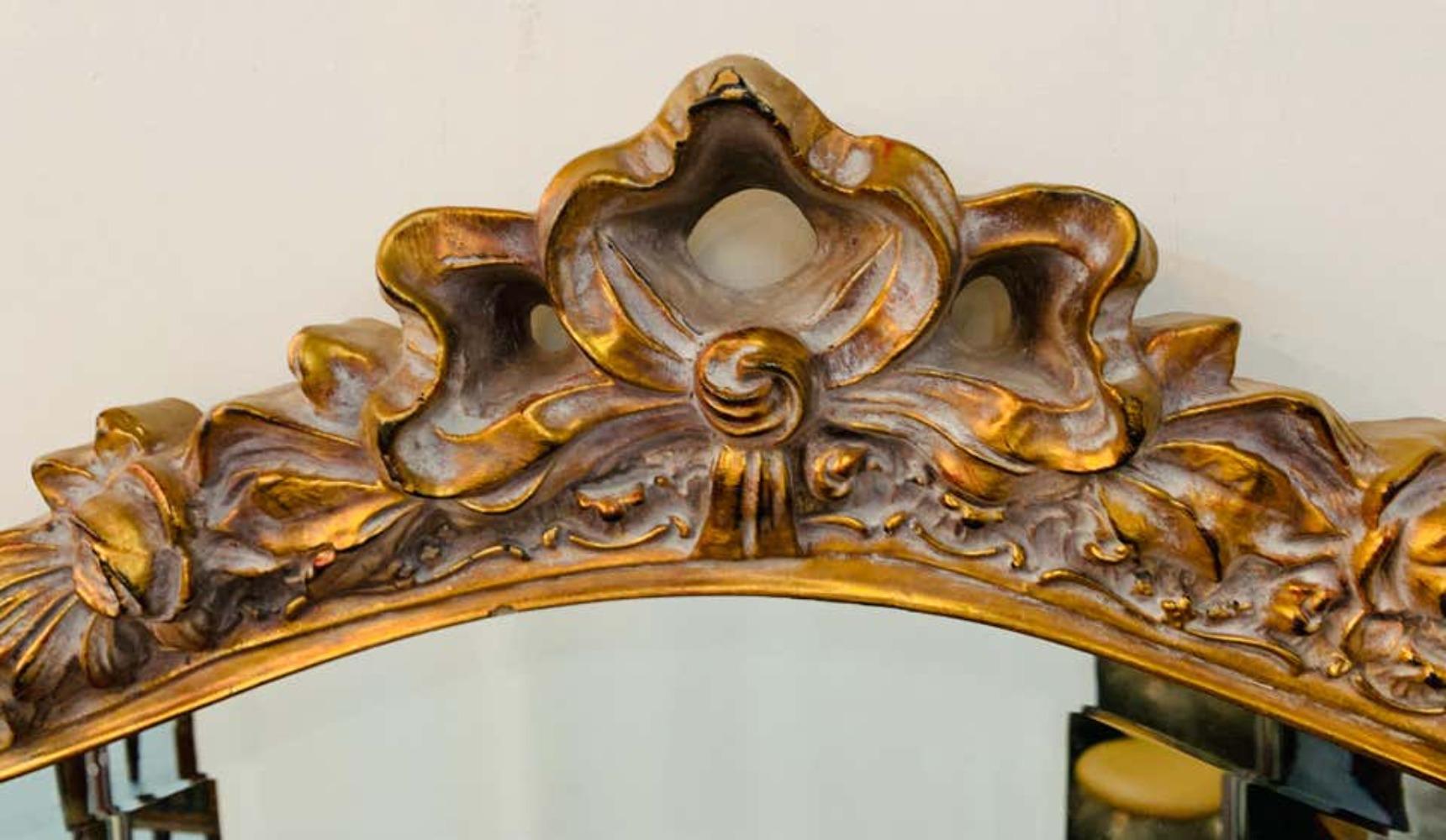 French Baroque Style Gold Leaf Resin Carved Mirror with Beveled Glass For Sale 1