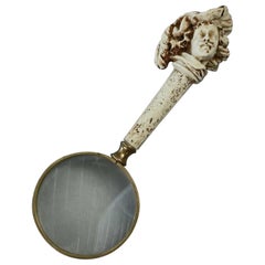 French Baroque Style Hand Carved Bone Figural Magnifying Glass, 19th Century