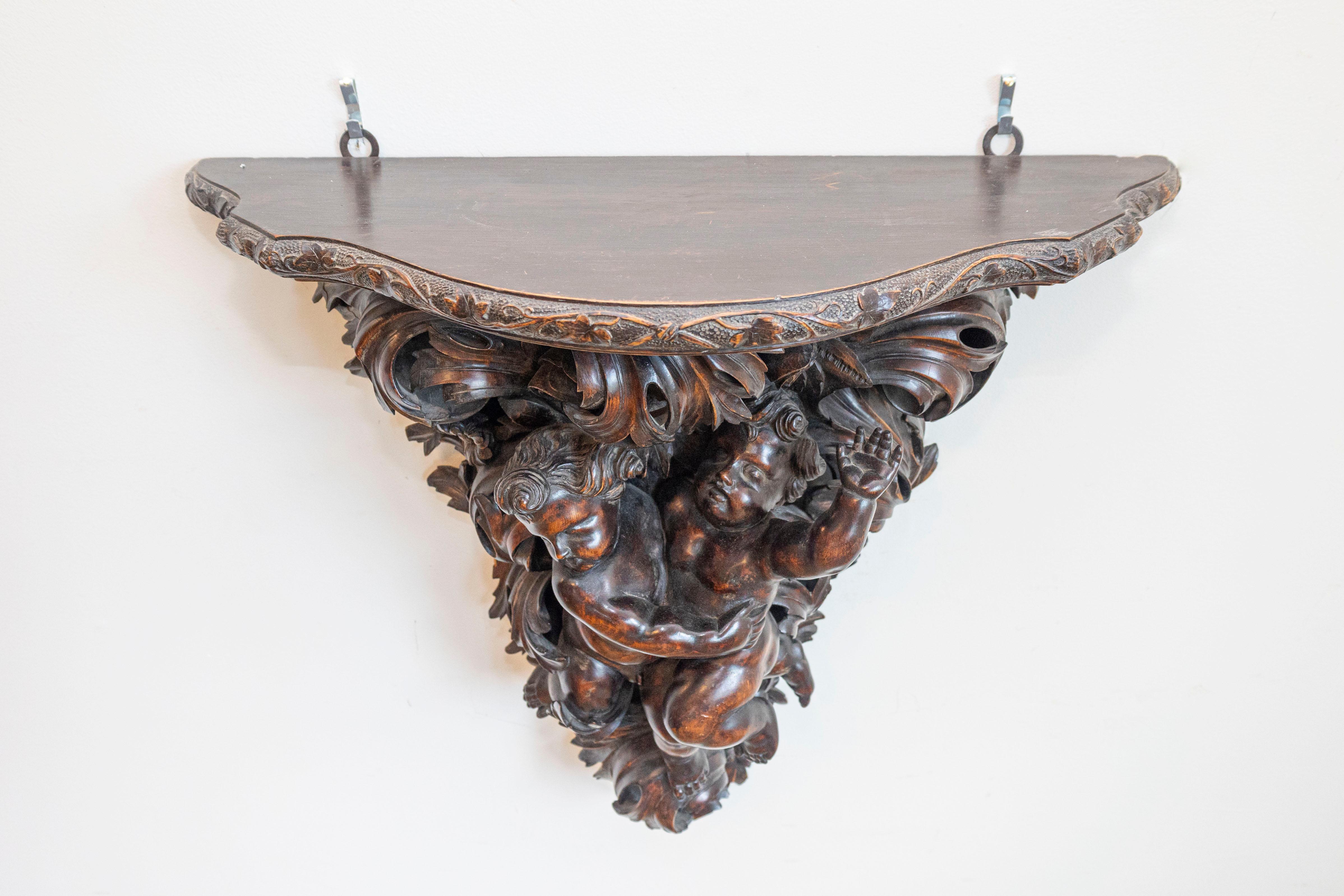 19th Century French Baroque Style Hand-Carved Walnut Bracket with Putti and Foliage, 1800s For Sale