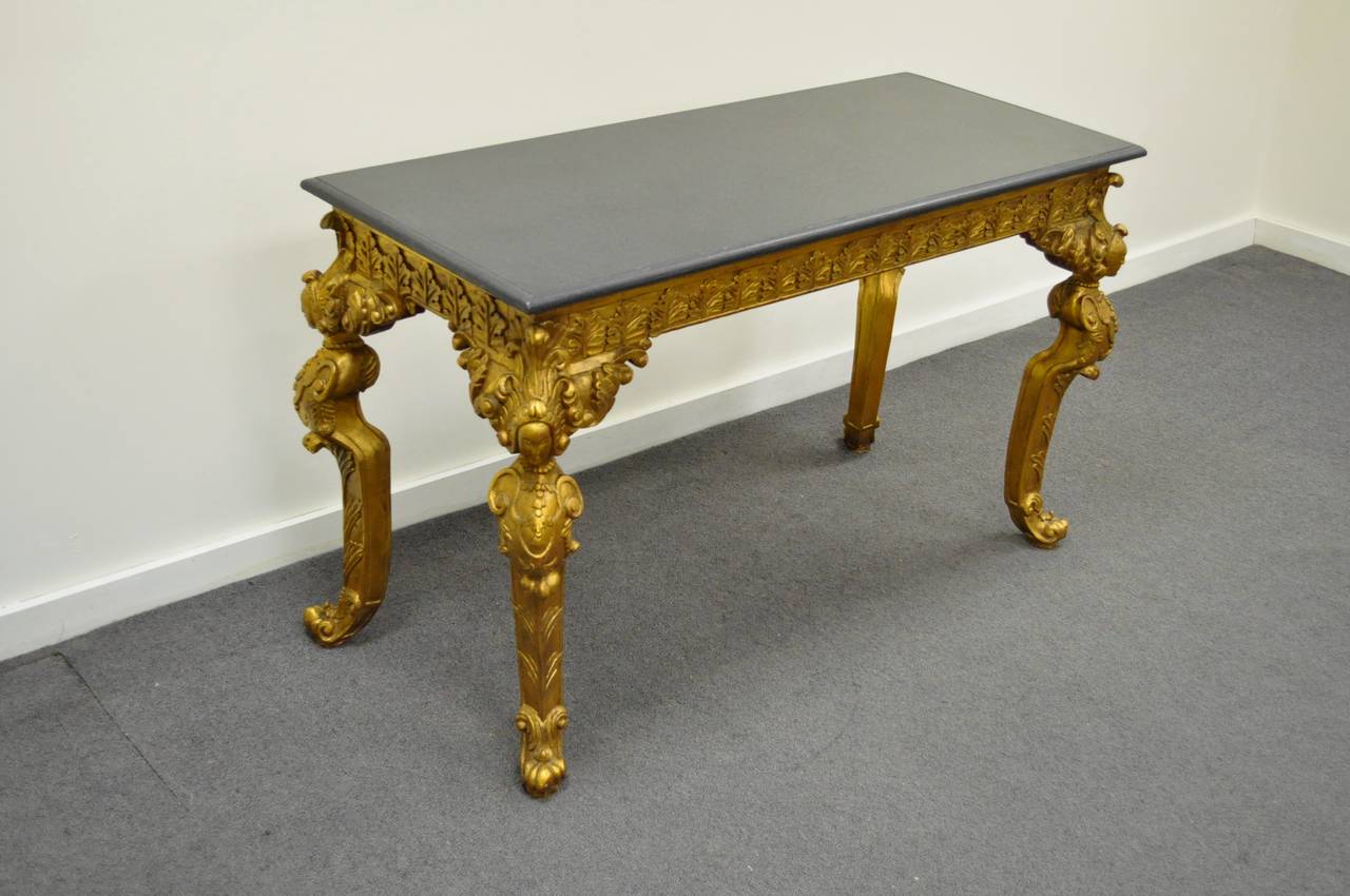 French Baroque Style Marble-Top Gold Gilt Figural Console Hall Table with Faces In Good Condition In Philadelphia, PA
