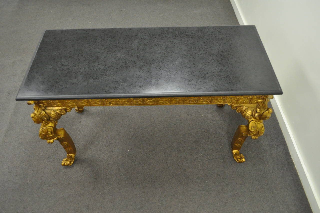 20th Century French Baroque Style Marble-Top Gold Gilt Figural Console Hall Table with Faces