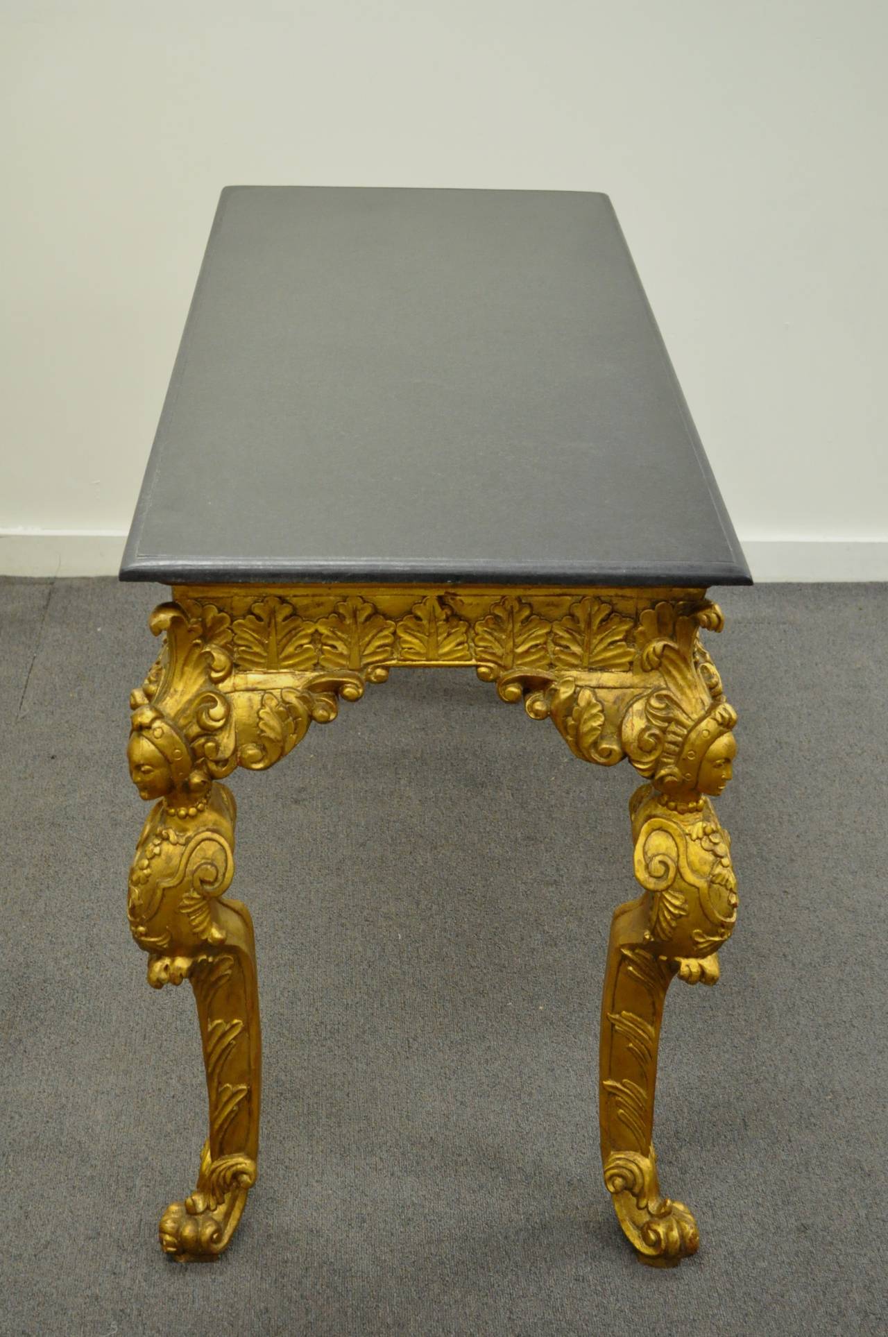 French Baroque Style Marble-Top Gold Gilt Figural Console Hall Table with Faces 3