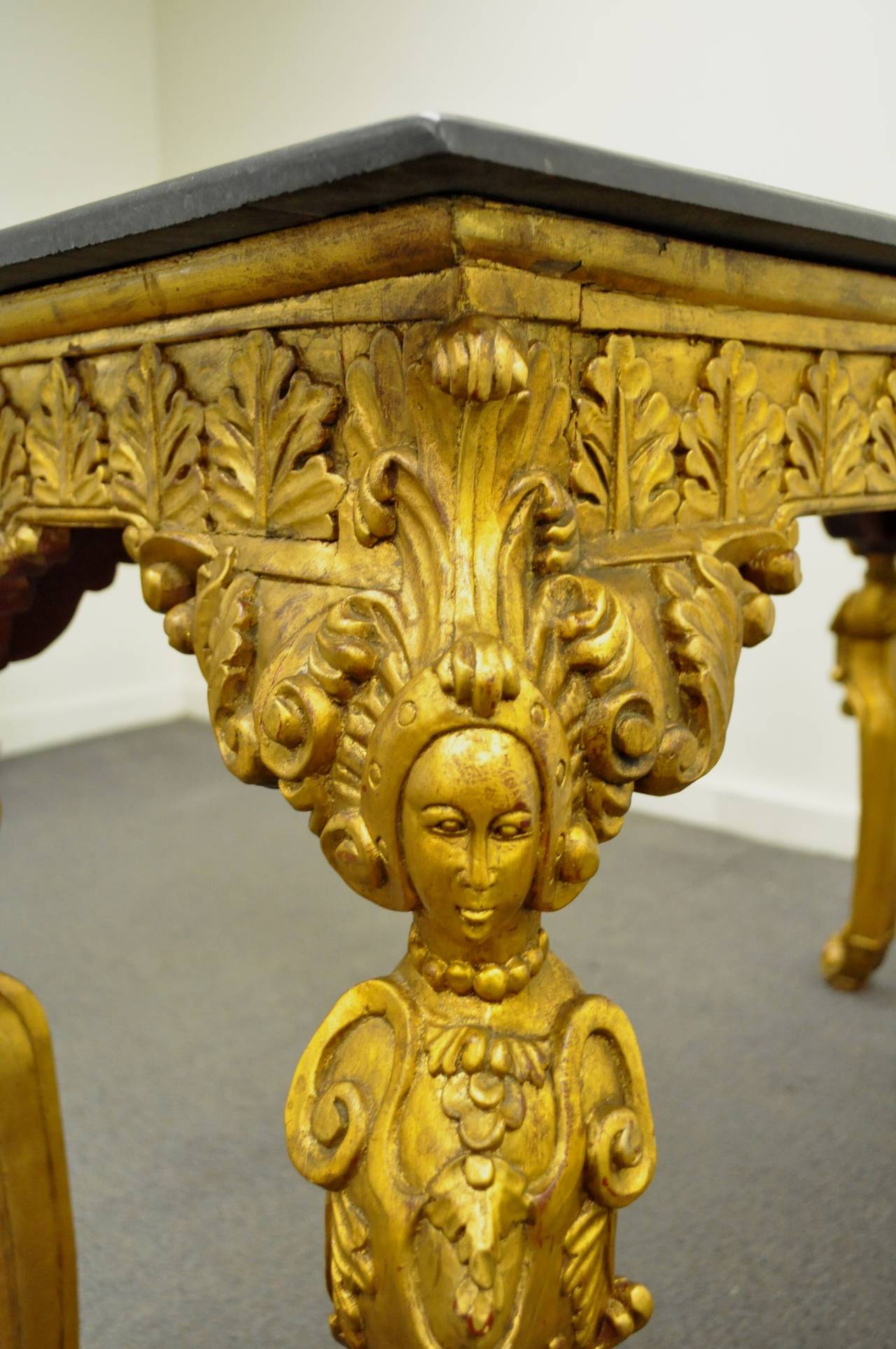 French Baroque Style Marble-Top Gold Gilt Figural Console Hall Table with Faces 4