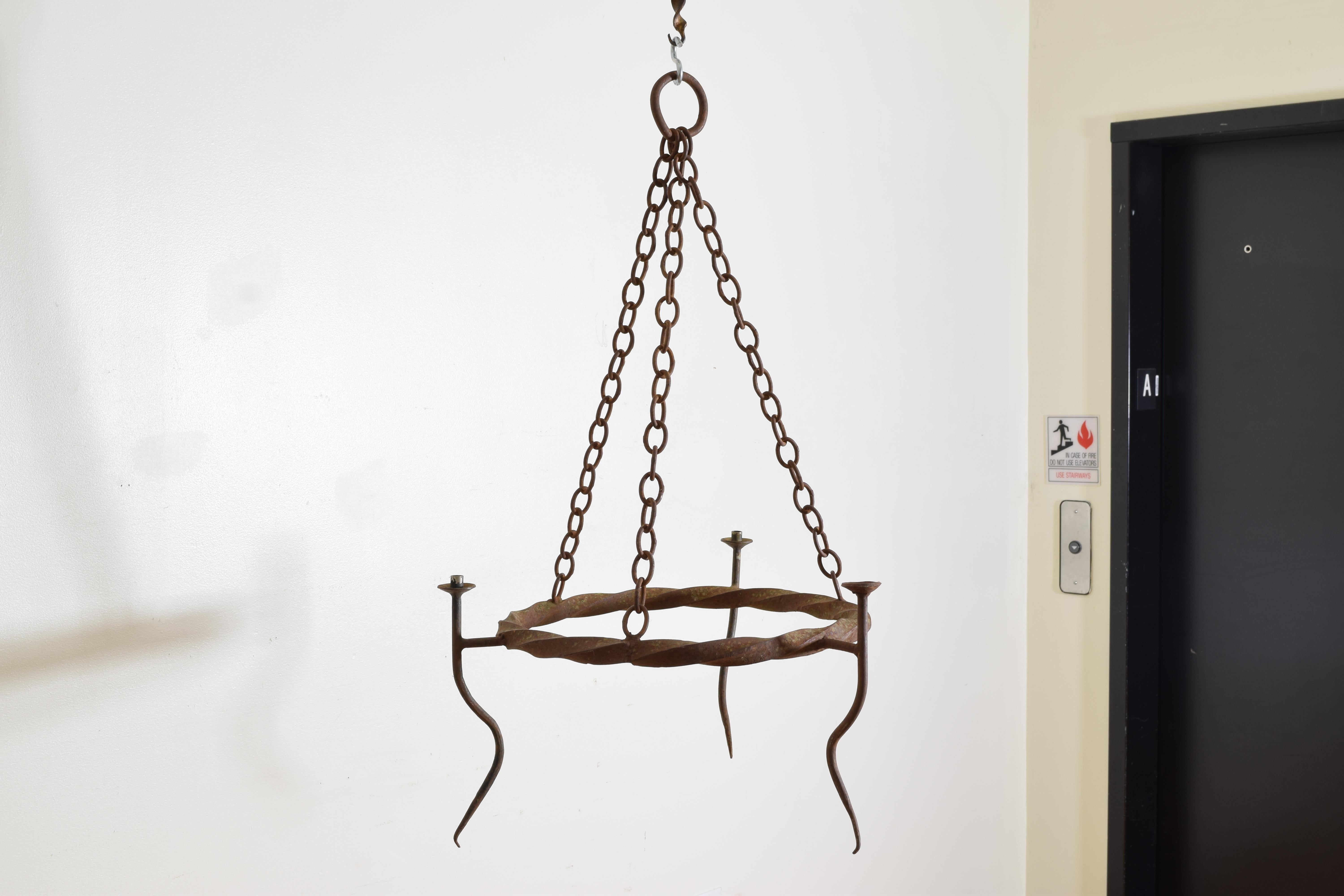 Mid-20th Century French Baroque Style Wrought Iron 3-Light Chandelier, 1st half 20th century For Sale