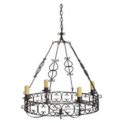 French Baroque Style Wrought Iron Circular 4-Light Chandelier, 3rdq 19th Cen