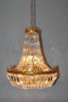 French Basket Form Crystal Chandelier with Brass Frame