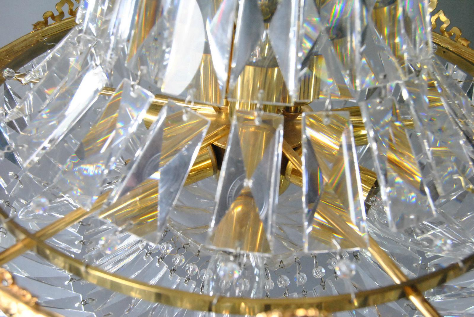 North American French Basket Form Crystal Chandelier with Brass Frame For Sale