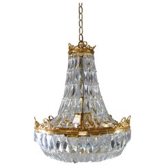 French Basket Form Crystal Chandelier with Brass Frame