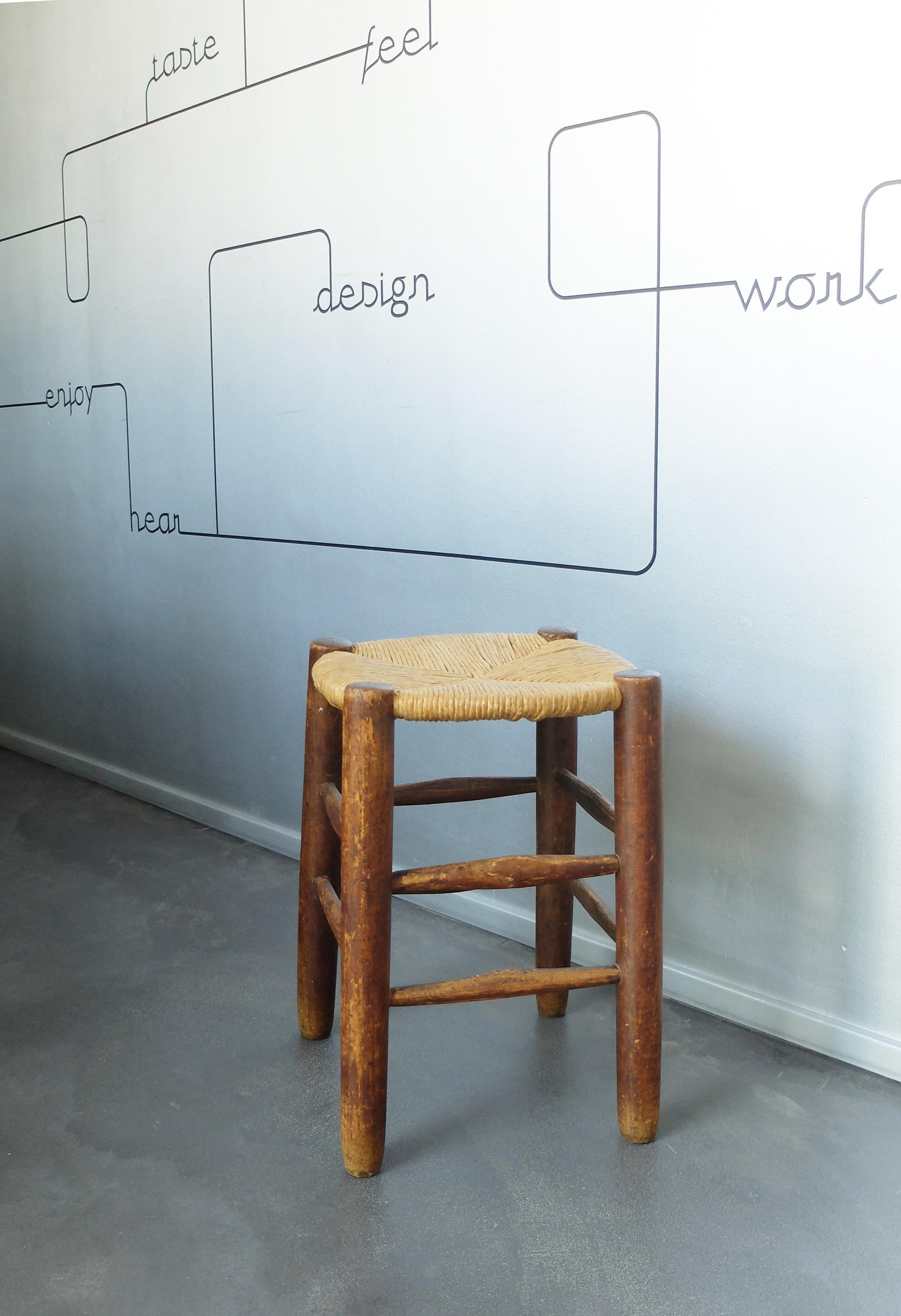 French Bauche Straw Stool, in the Style of Charlotte Perriand For Sale 7