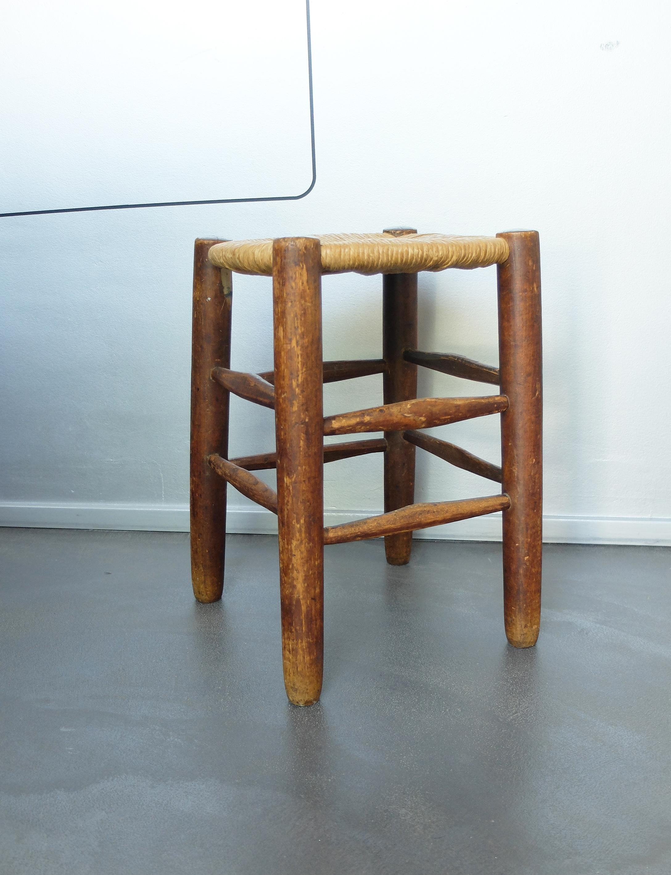 Mid-Century Modern French Bauche Straw Stool, in the Style of Charlotte Perriand For Sale
