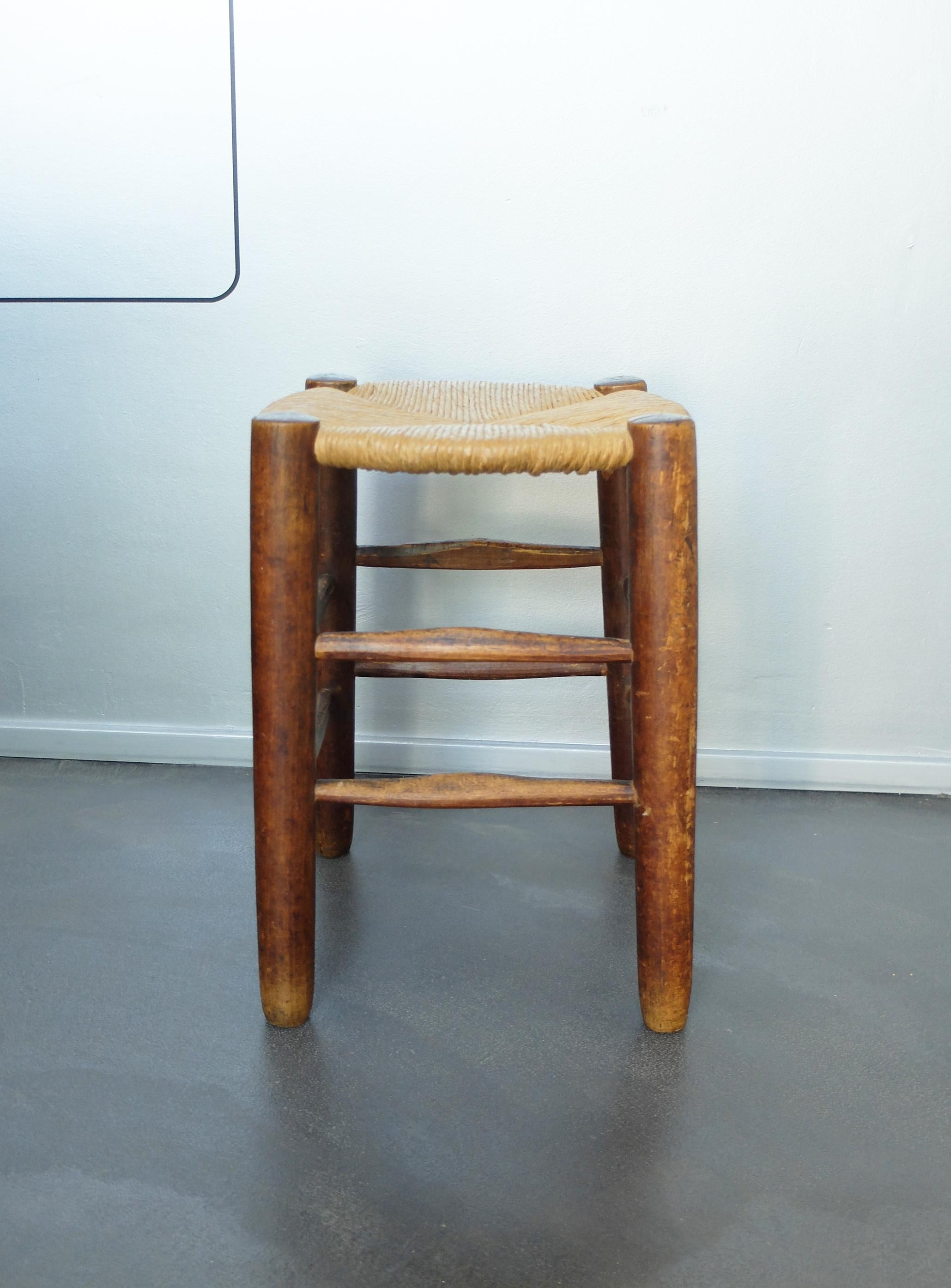 Caning French Bauche Straw Stool, in the Style of Charlotte Perriand For Sale