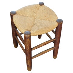French Bauche Straw Stool, in the Style of Charlotte Perriand