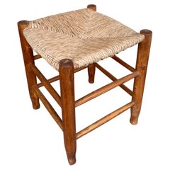 French Bauche Straw Stool, Pine Wood, in the Style of Charlotte Perriand