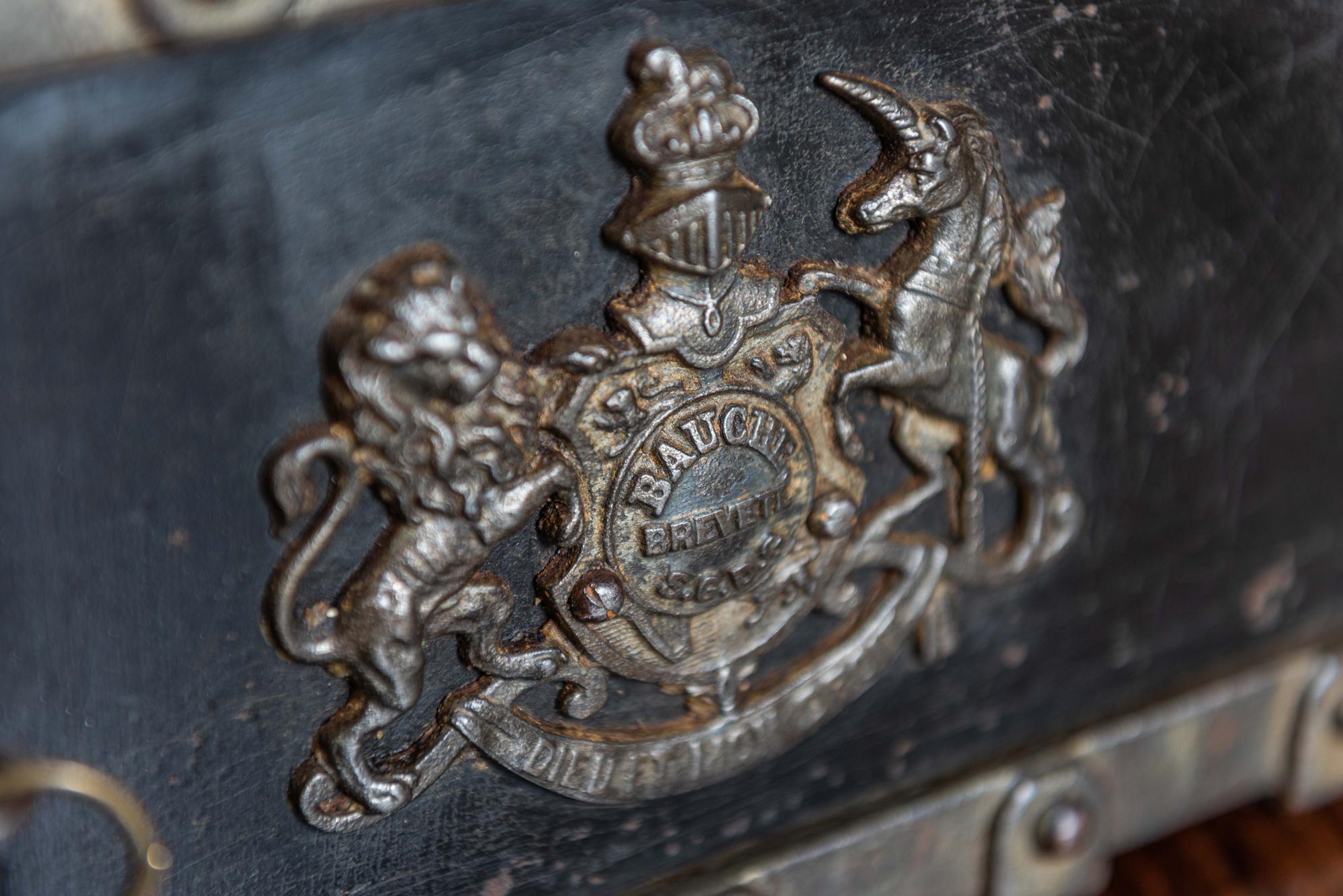 Iron French Bauche Studded Travelling Strongbox Safe, circa 1870-1880