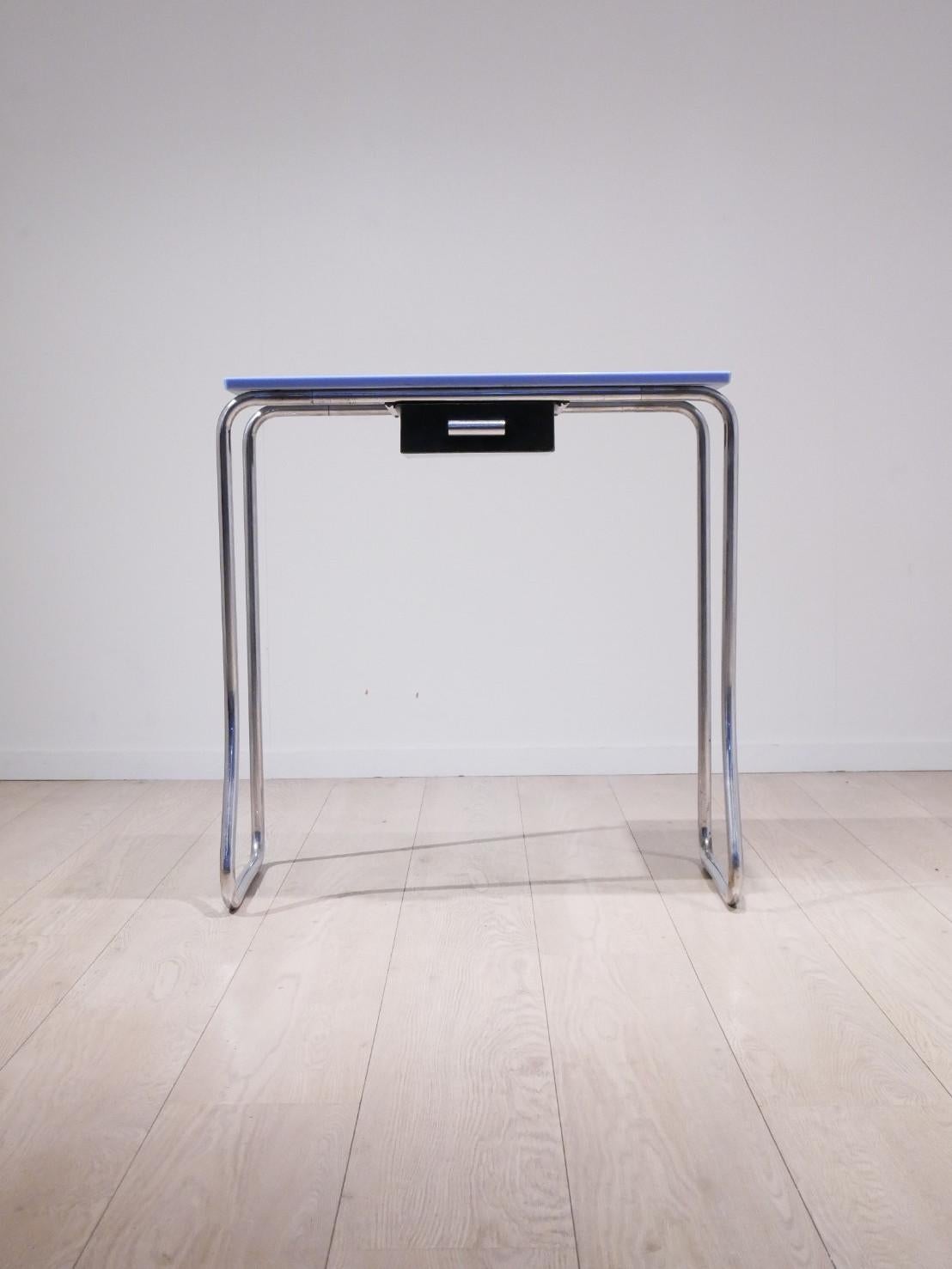 Early 20th Century French Bauhuas Period Modernist Blue Opaline Glass and Chrome Hallway Console For Sale