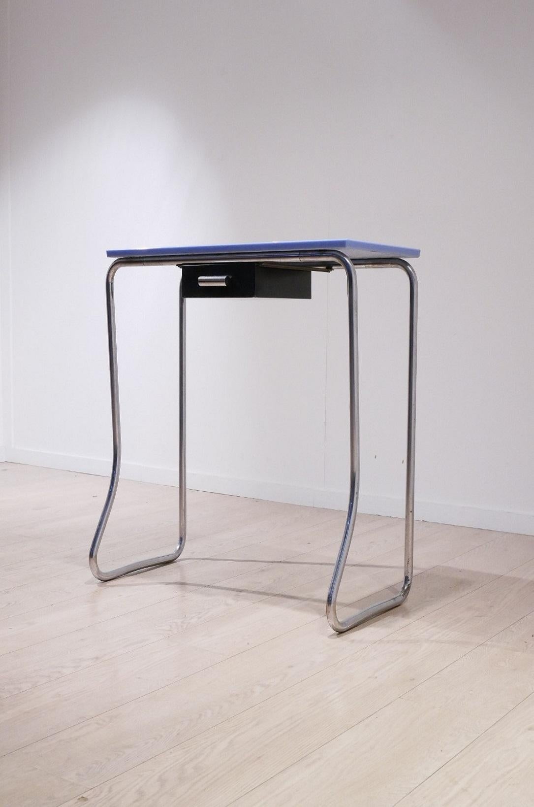 French Bauhuas Period Modernist Blue Opaline Glass and Chrome Hallway Console For Sale 1