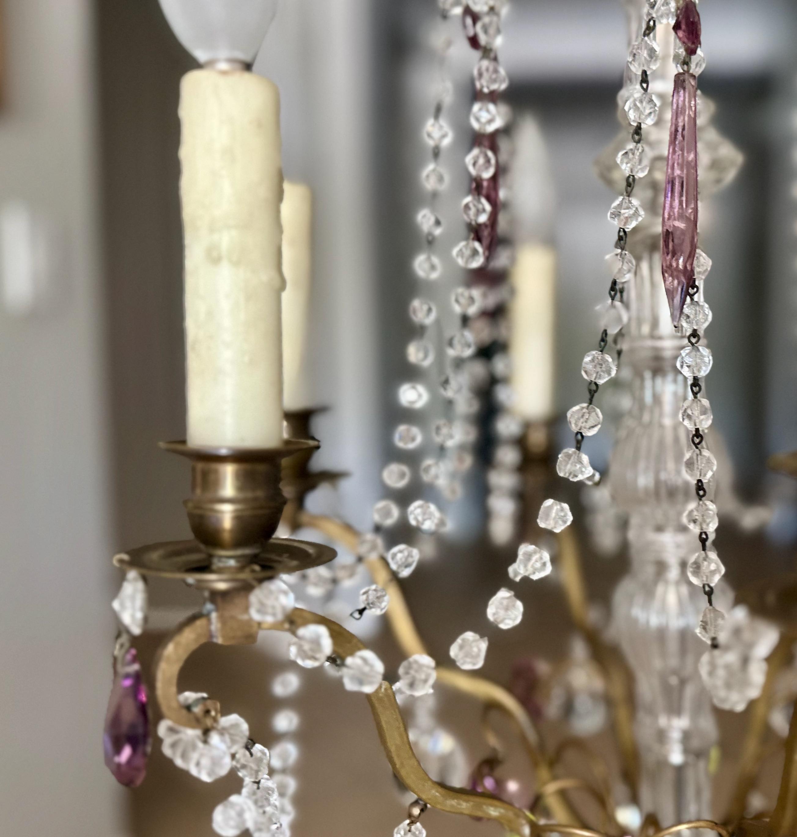 French Beaded Amethyst Crystals Bronze Chandelier For Sale 6