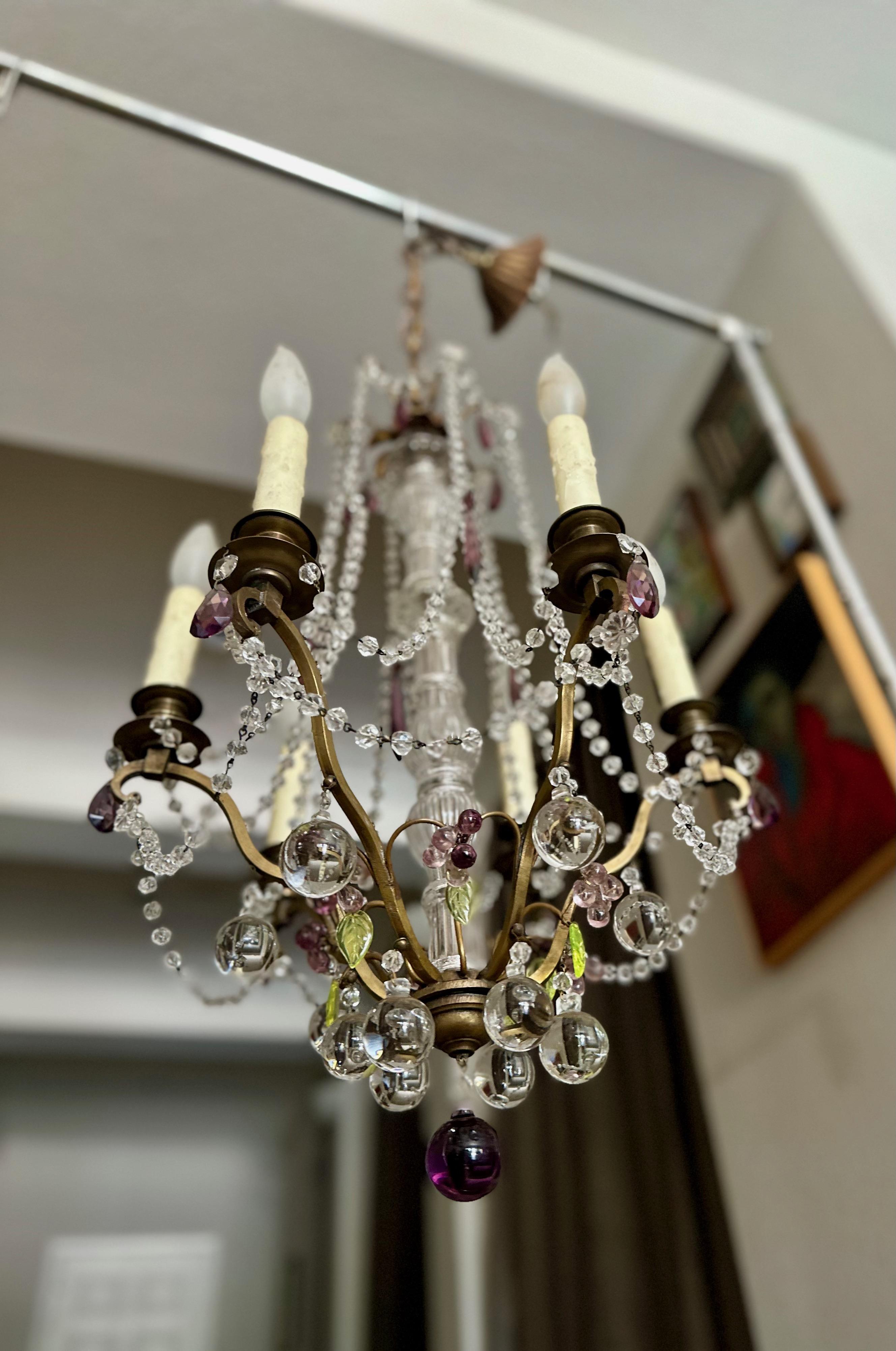 Mid-20th Century French Beaded Amethyst Crystals Bronze Chandelier For Sale