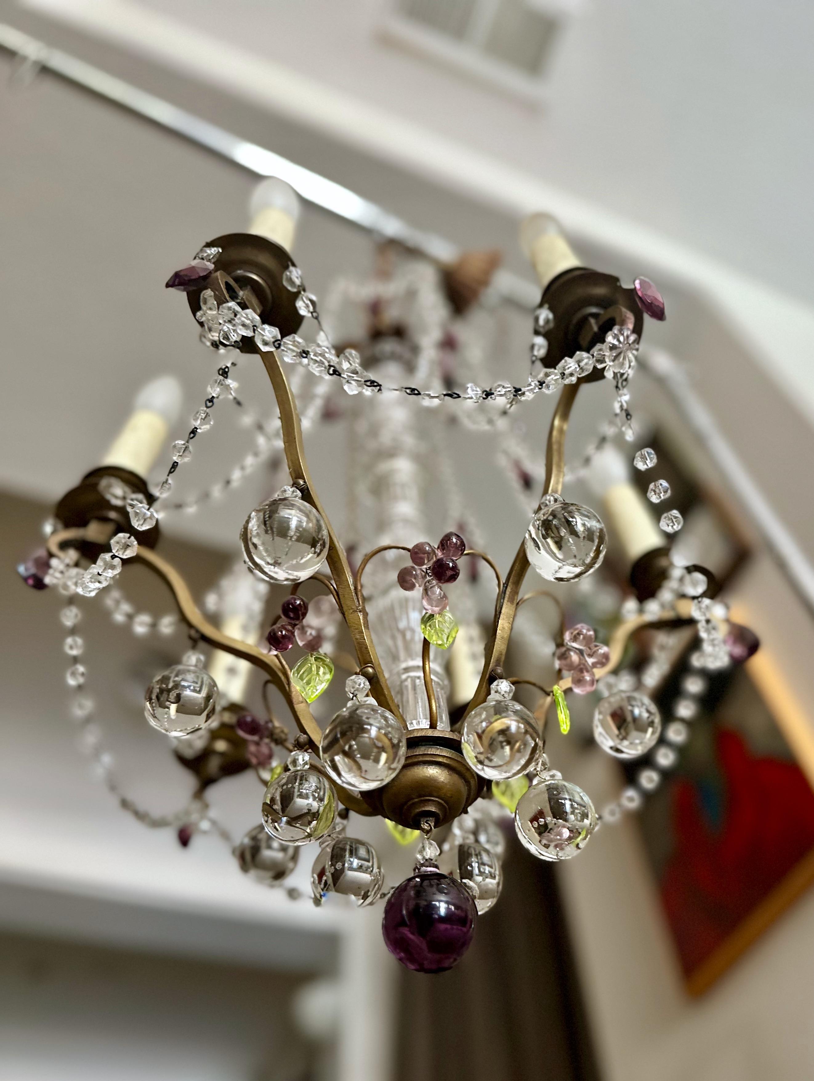 French Beaded Amethyst Crystals Bronze Chandelier For Sale 1