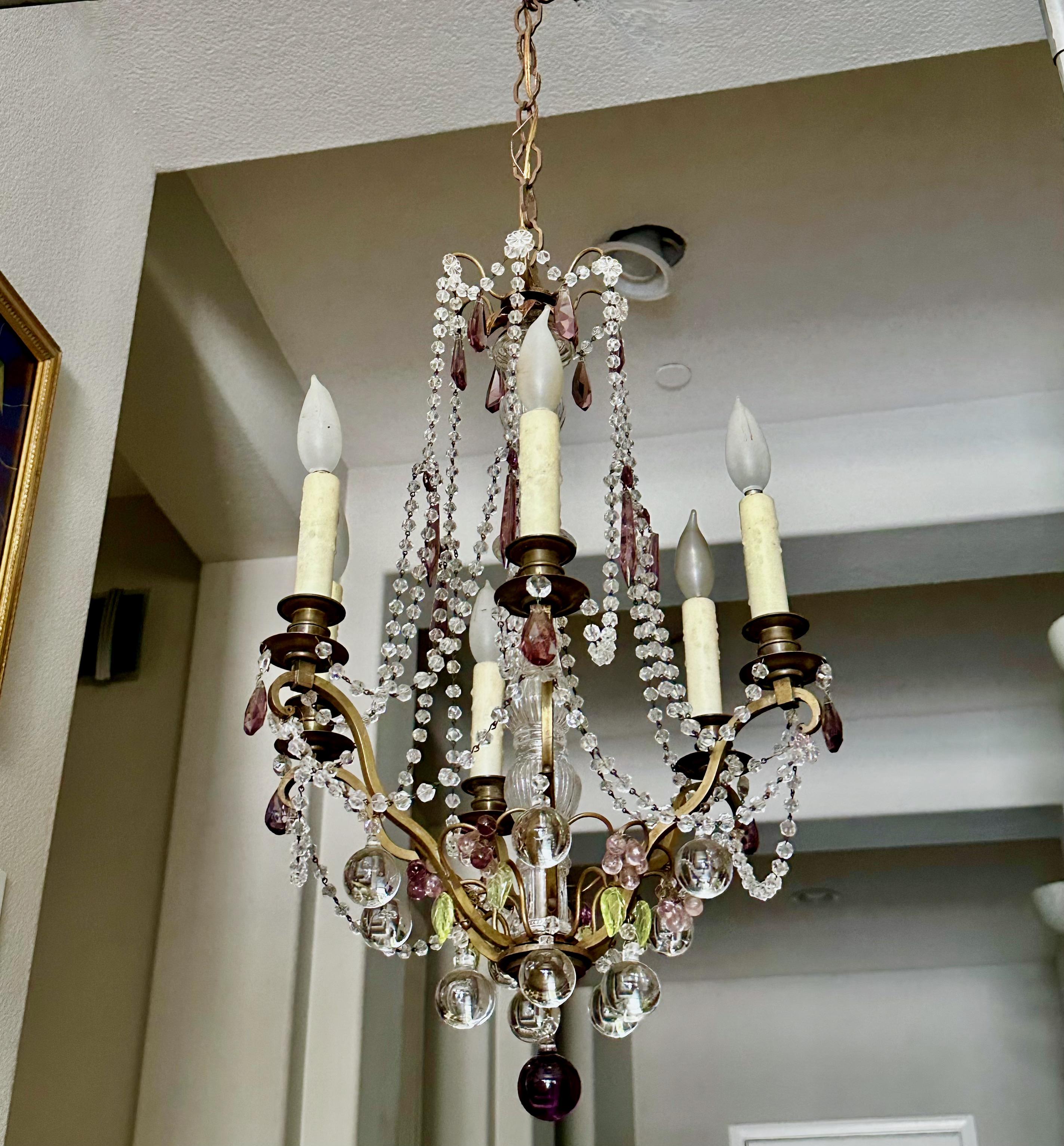 French Beaded Amethyst Crystals Bronze Chandelier For Sale 2