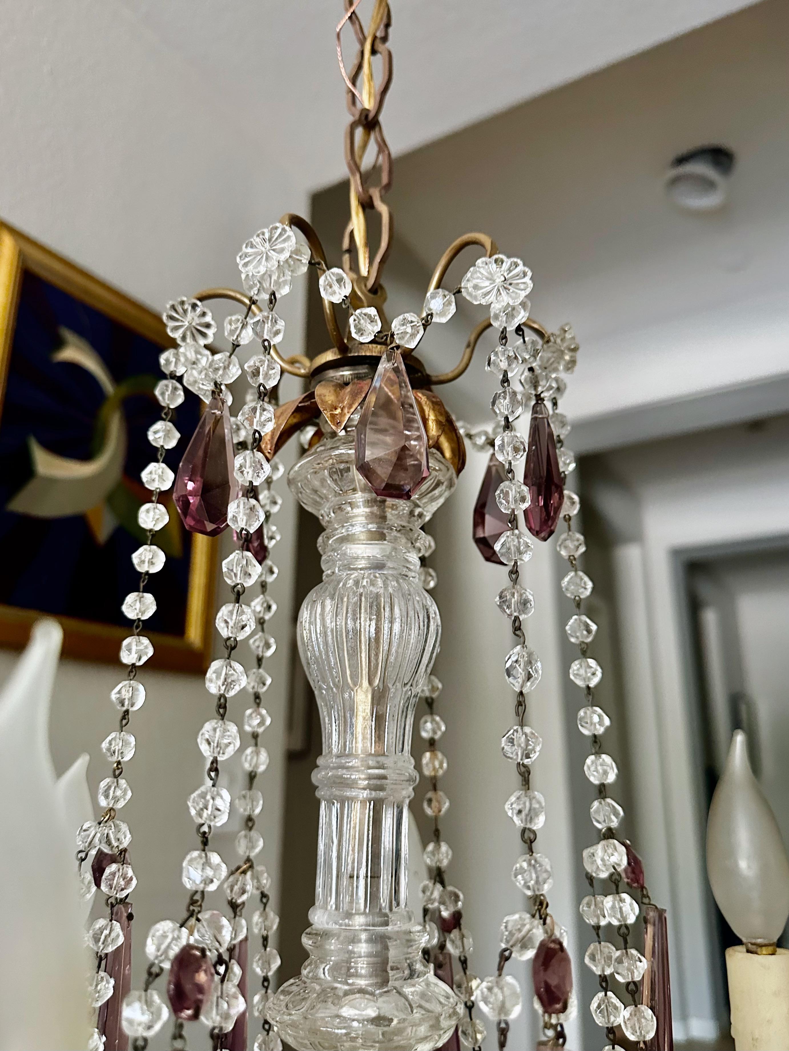 French Beaded Amethyst Crystals Bronze Chandelier For Sale 4