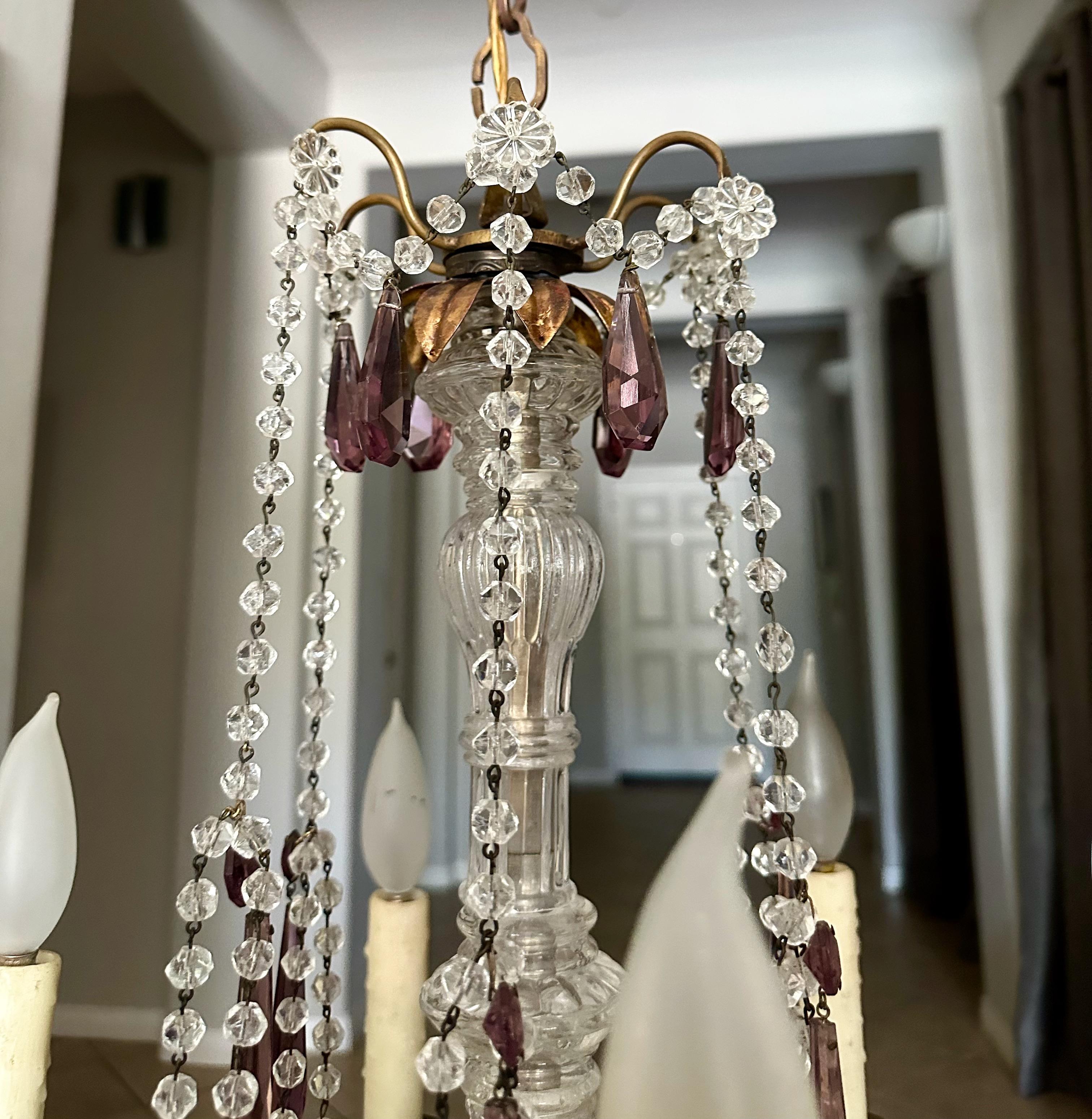 French Beaded Amethyst Crystals Bronze Chandelier For Sale 5