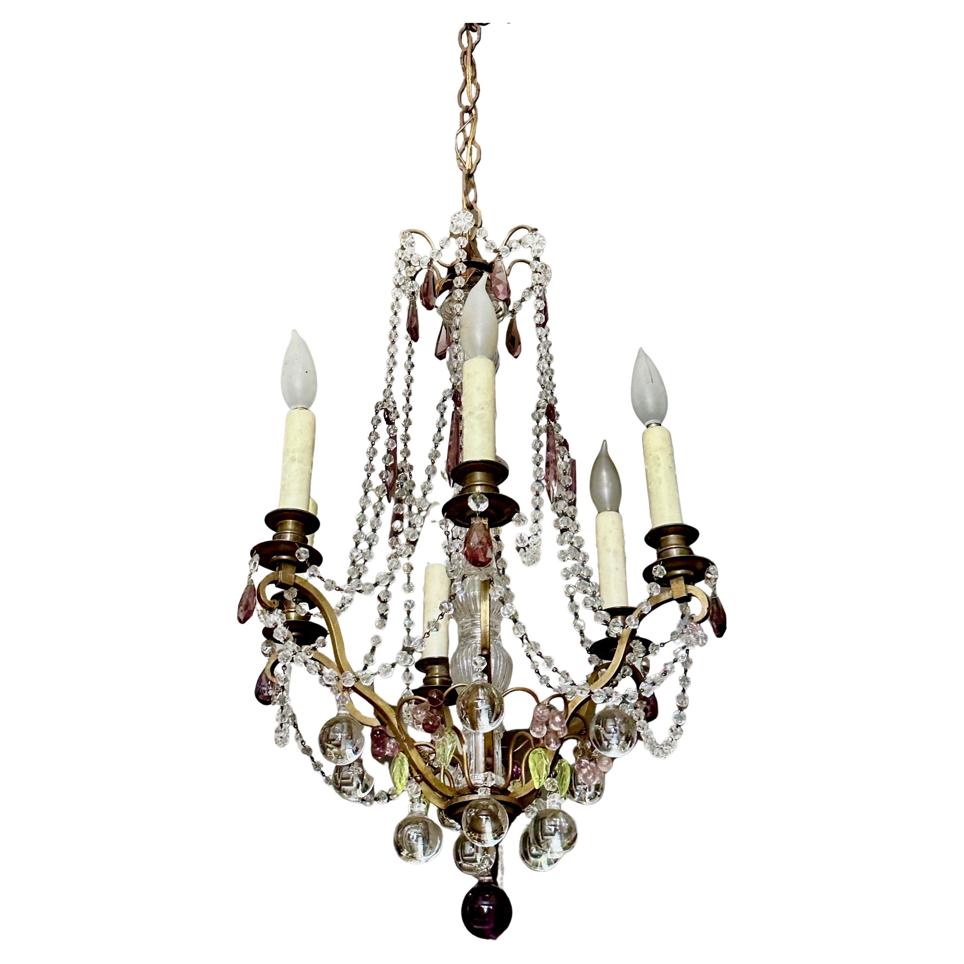 French Beaded Amethyst Crystals Bronze Chandelier For Sale