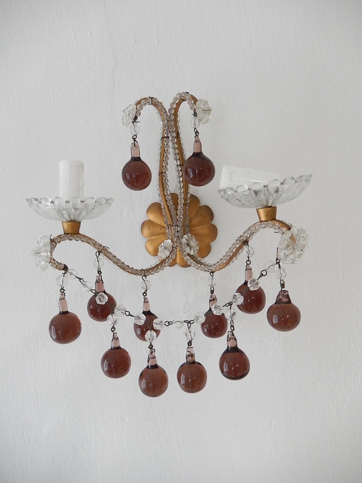 Early 20th Century French Beaded Amethyst Murano Drops Sconces, circa 1920 For Sale