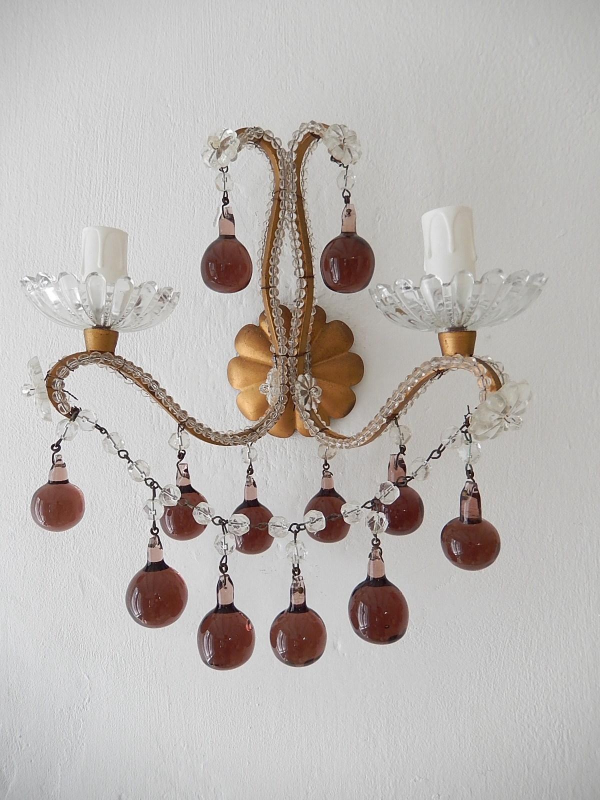 Crystal French Beaded Amethyst Murano Drops Sconces, circa 1920 For Sale