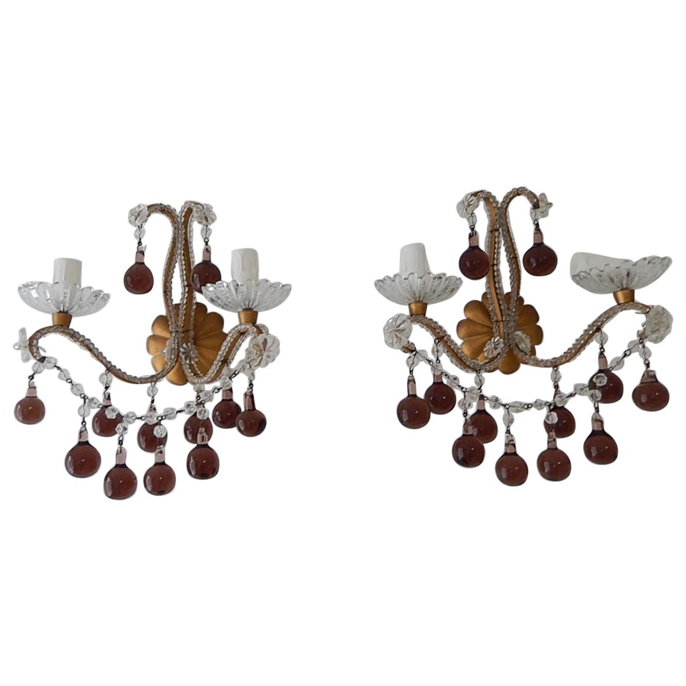 French Beaded Amethyst Murano Drops Sconces, circa 1920