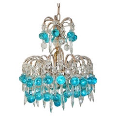 French Beaded Aqua Blue Murano Balls and Crystals Chandelier