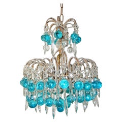 Antique French Beaded Aqua Blue Murano Balls and Crystals Chandelier