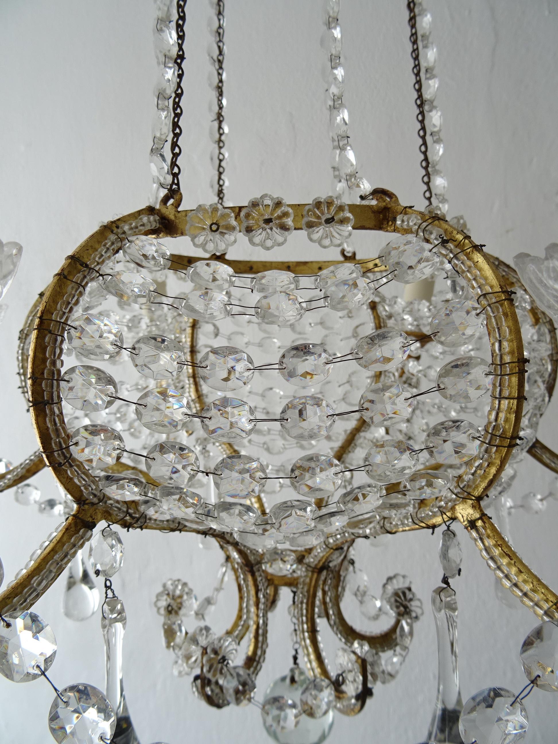 French Beaded Basket Crystal Gold Gilt with Crown Chandelier, 19th Century For Sale 5