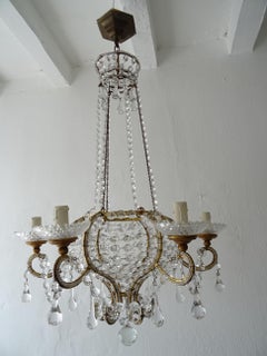 French Beaded Basket Crystal Gold Gilt with Crown Chandelier, 19th Century