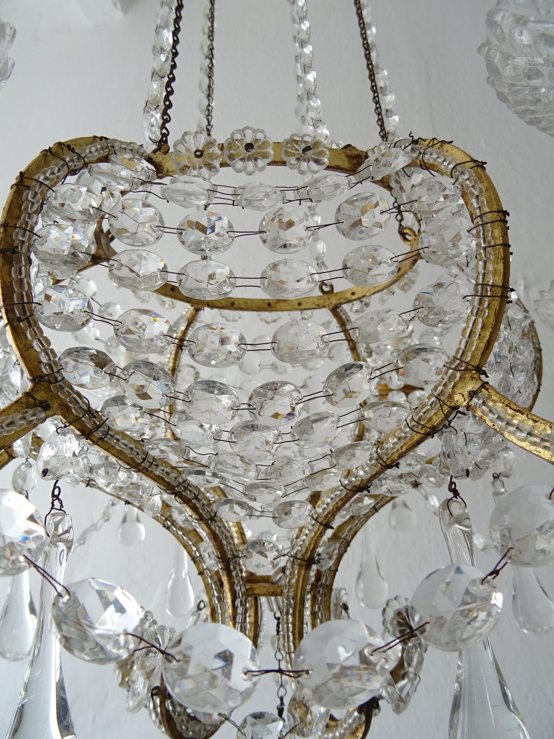 French Beaded Basket Crystal Gold Gilt with Crown Chandelier, 19th Century For Sale 1
